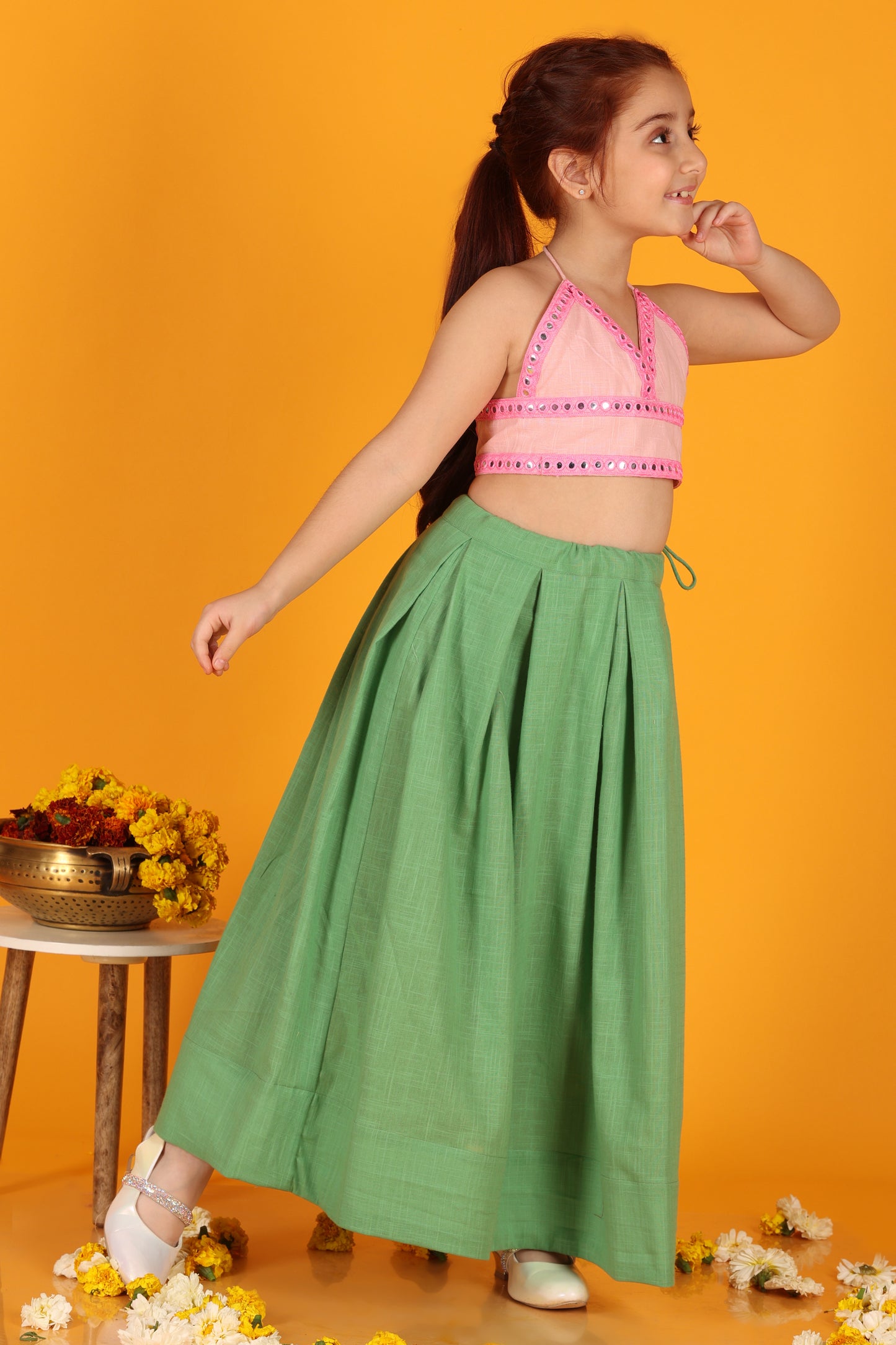 Jilmil Girls Mirror emblished Baby Pink Top with Green cotton Lehenga (set of 2)
