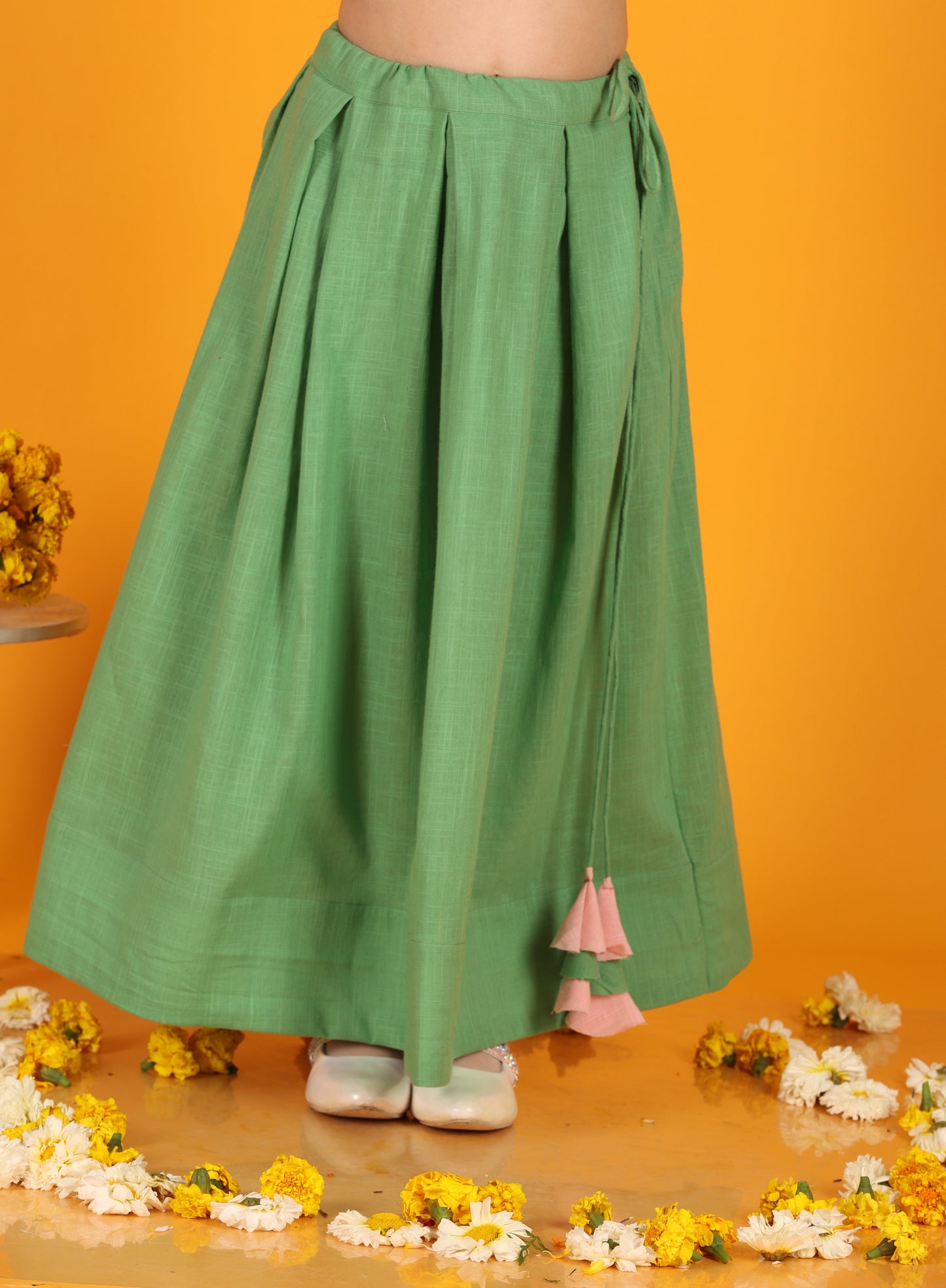 Jilmil Girls Mirror emblished Baby Pink Top with Green cotton Lehenga (set of 2)