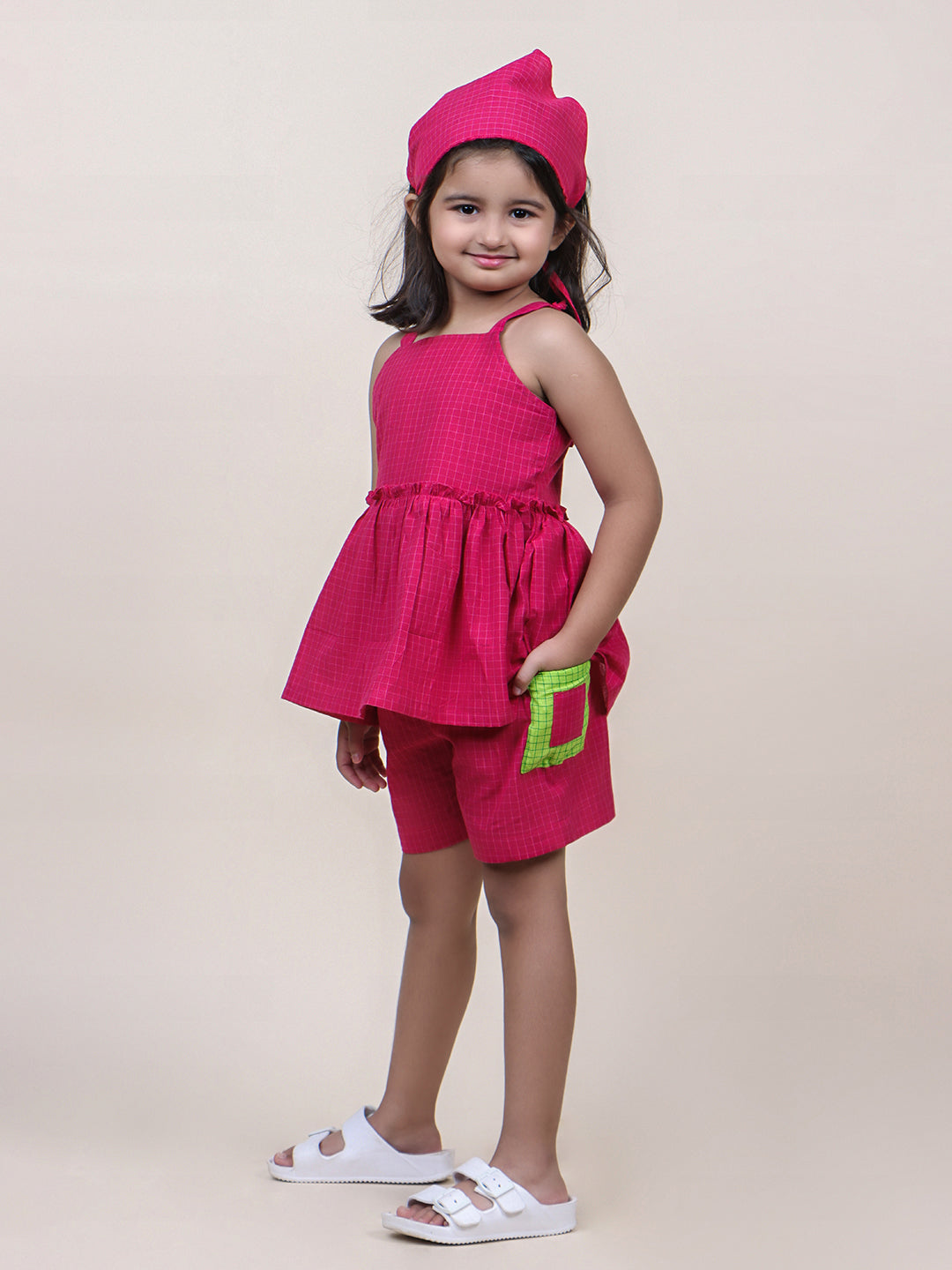 Girls Pink Checks Cotton Top & Shorts