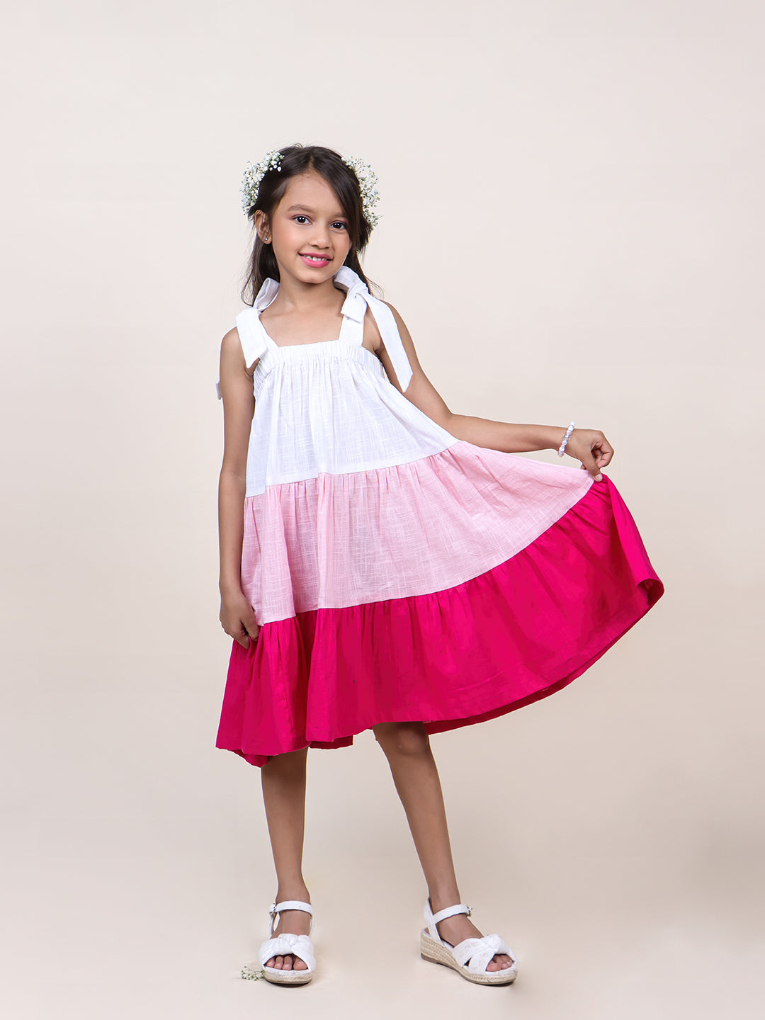 Girls Pink Colorblocked Layered Cotton Dress