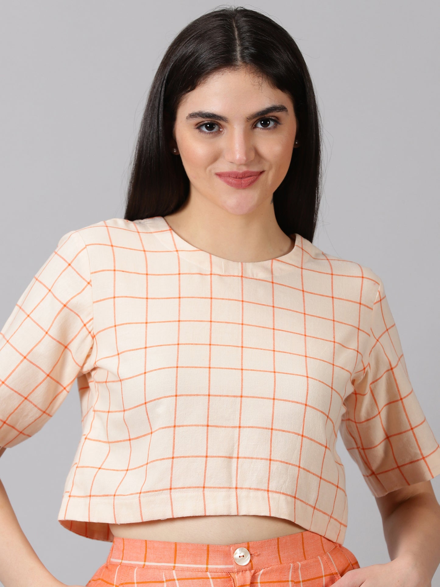 Peach Checks Cotton Crop Top & Shorts
