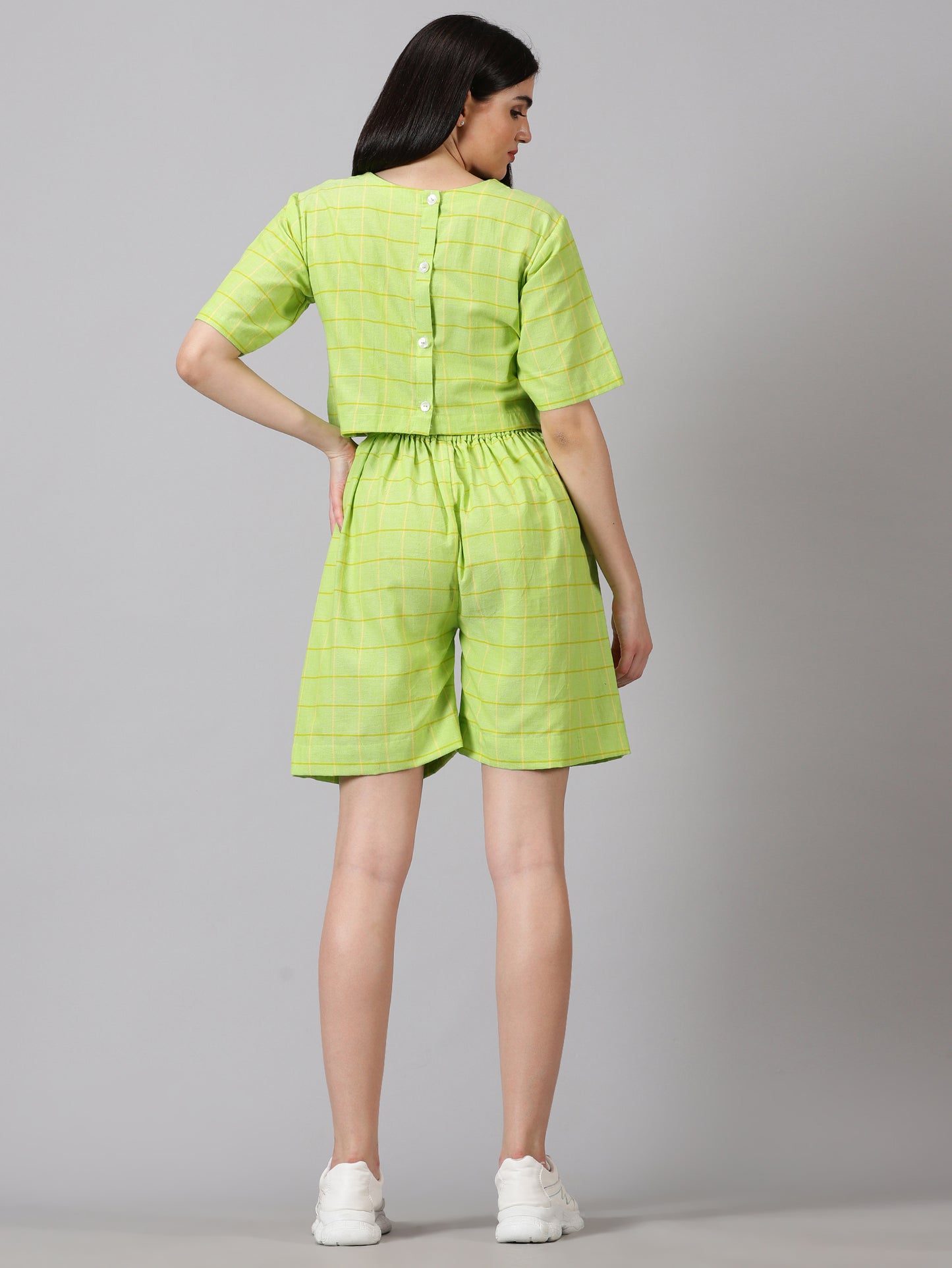Lime Checks Cotton Crop Top & Shorts