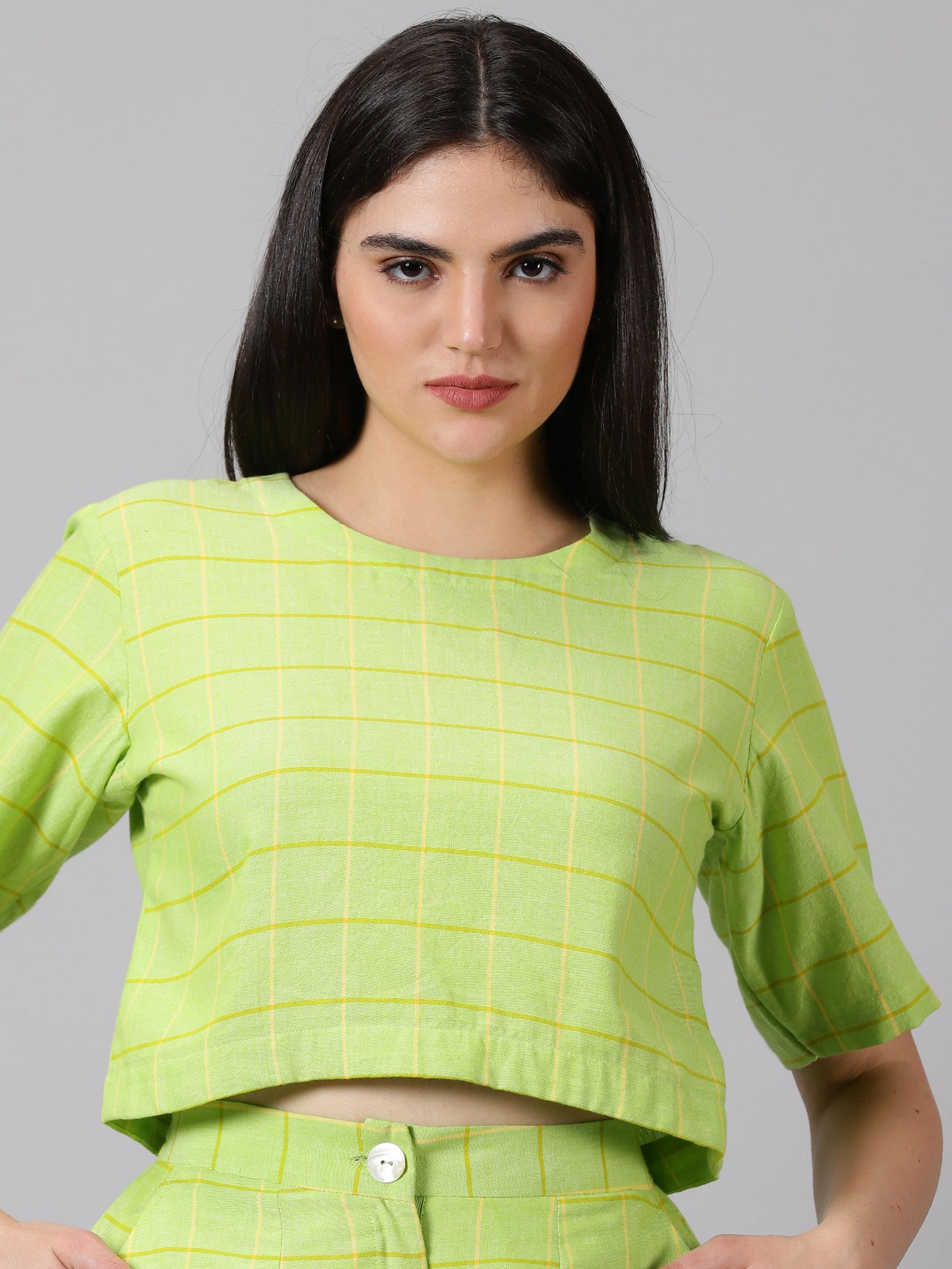 Lime Checks Cotton Crop Top & Shorts