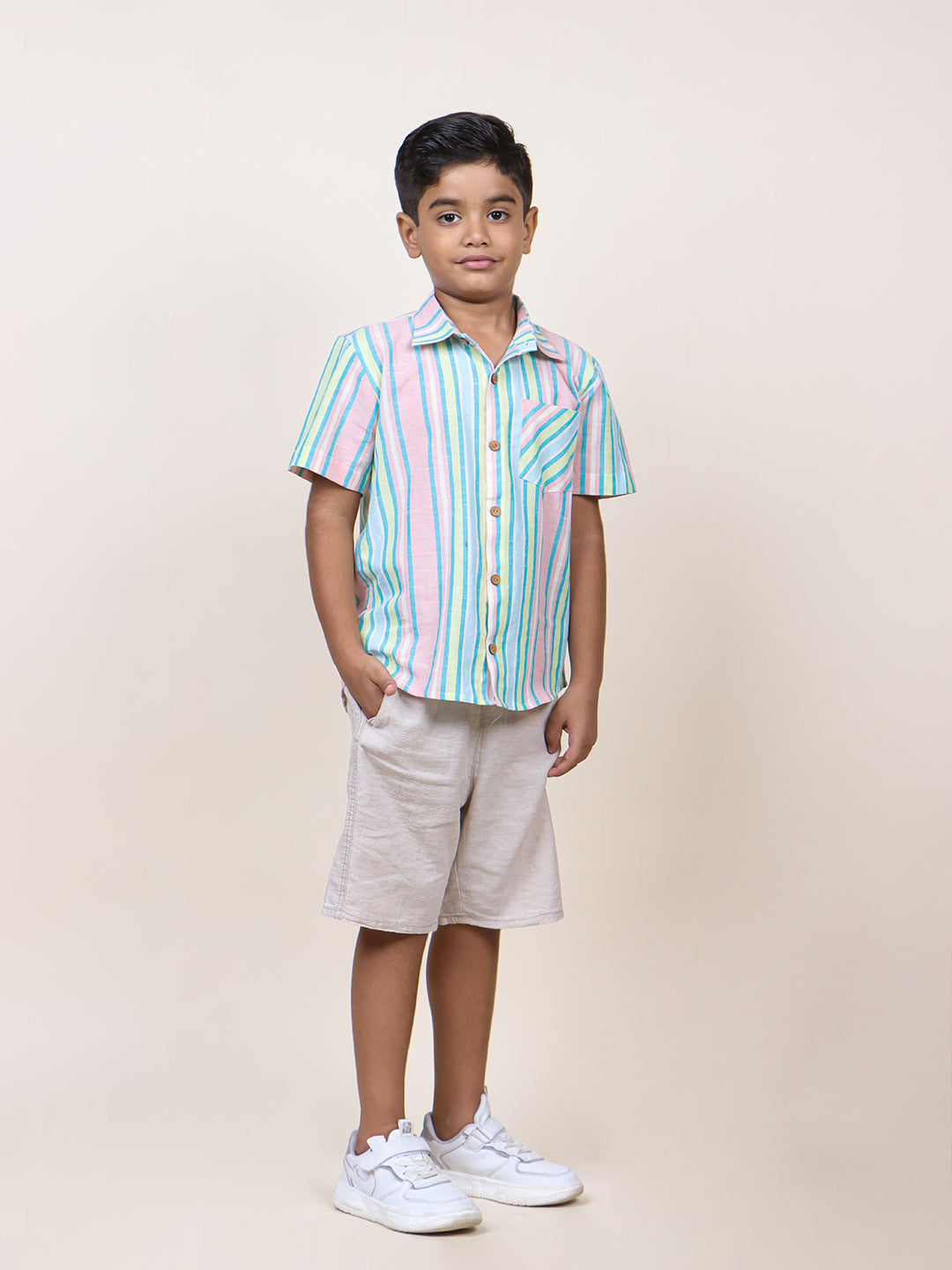 Boys Blue Stripes Half Sleeve Cotton Shirt