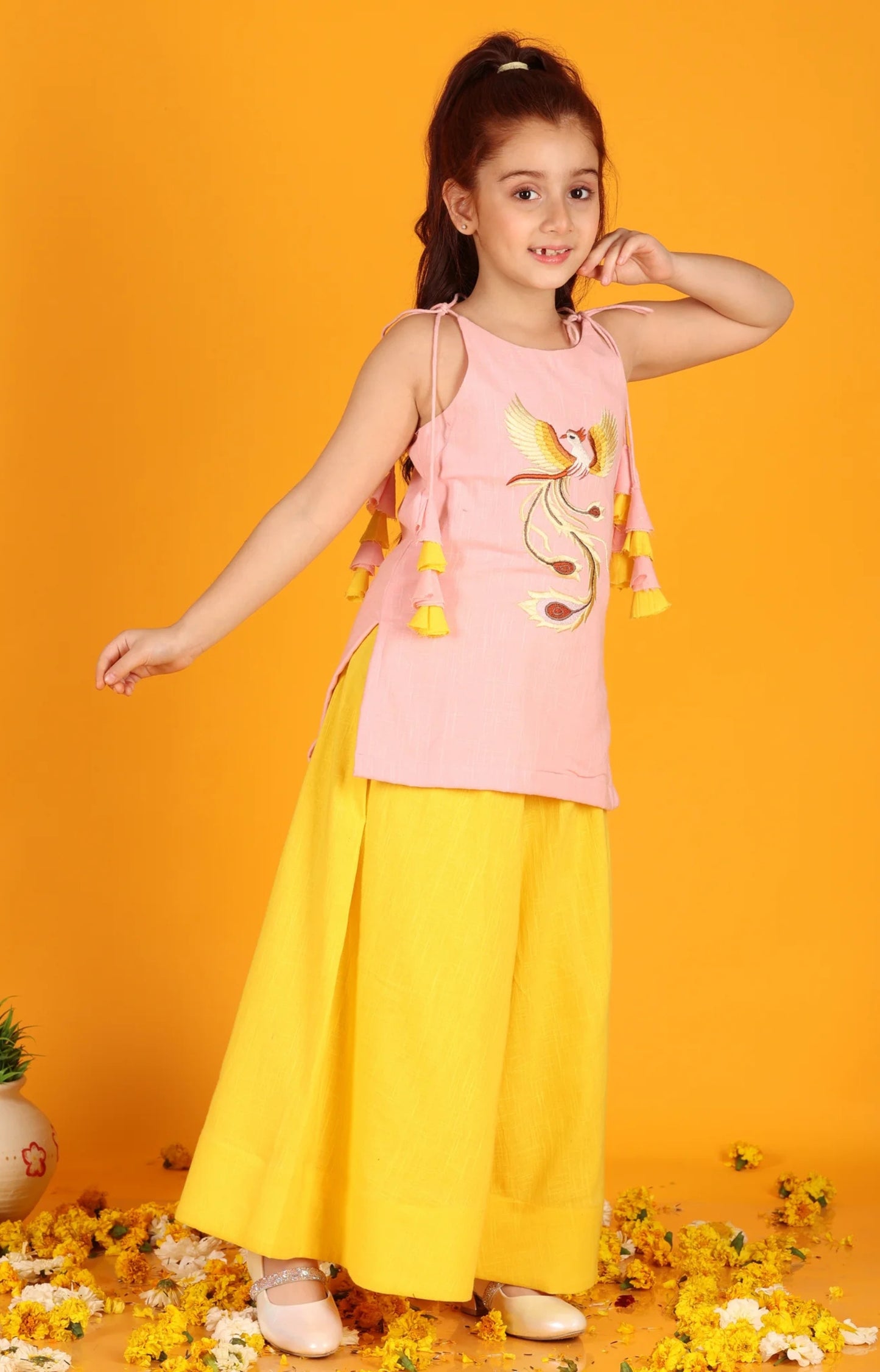 Jilmil Girls Phoenix Embroidered Pink Cotton Kurta with Yellow Sharara (set of 2)