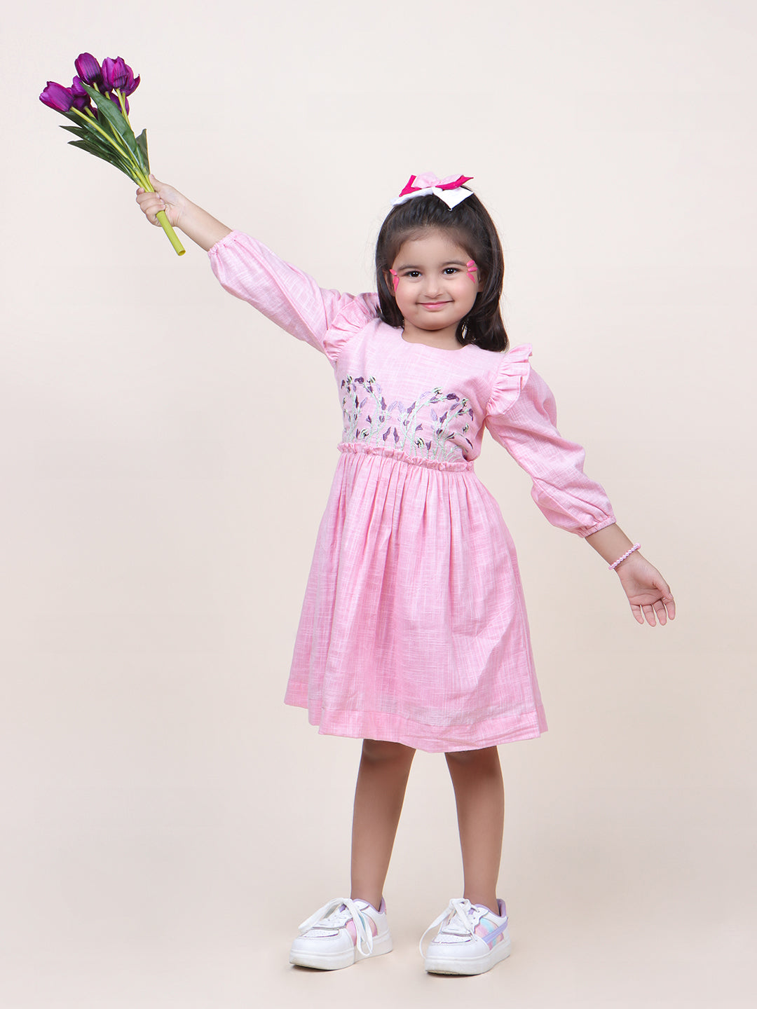 Girls Pink Embroidred Cotton dress