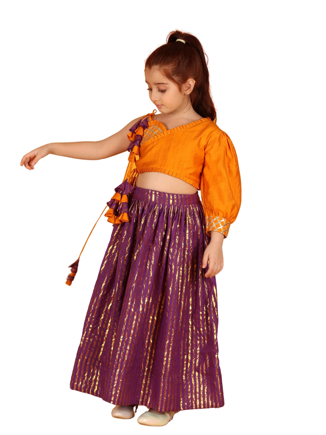 Jilmil Girls Gota Work Orange Top And Elegant Tassels Embellished Flared Lehenga (set of 2)
