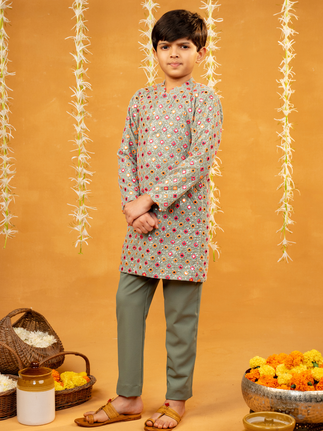 Pista Green Mirror Embroidered Kurta and Pant (Set of 2)