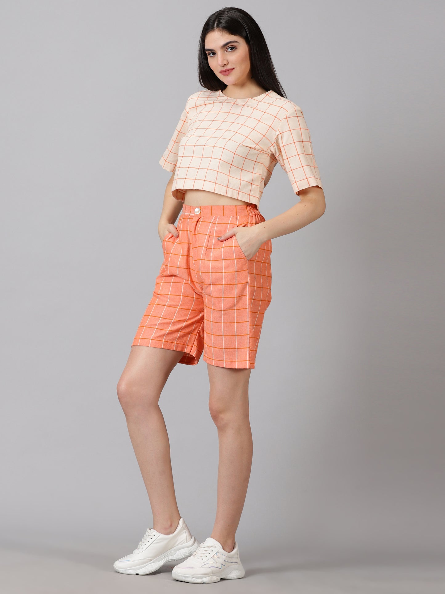 Peach Checks Cotton Crop Top & Shorts