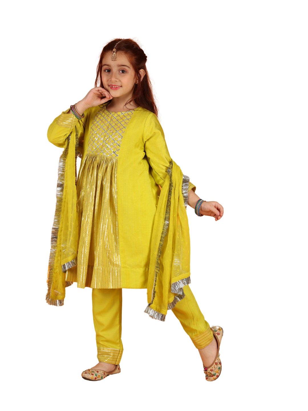 Jilmil Girls Anarkali Neon Yellow Silk Dress with Pant & Dupatta (set of 3)