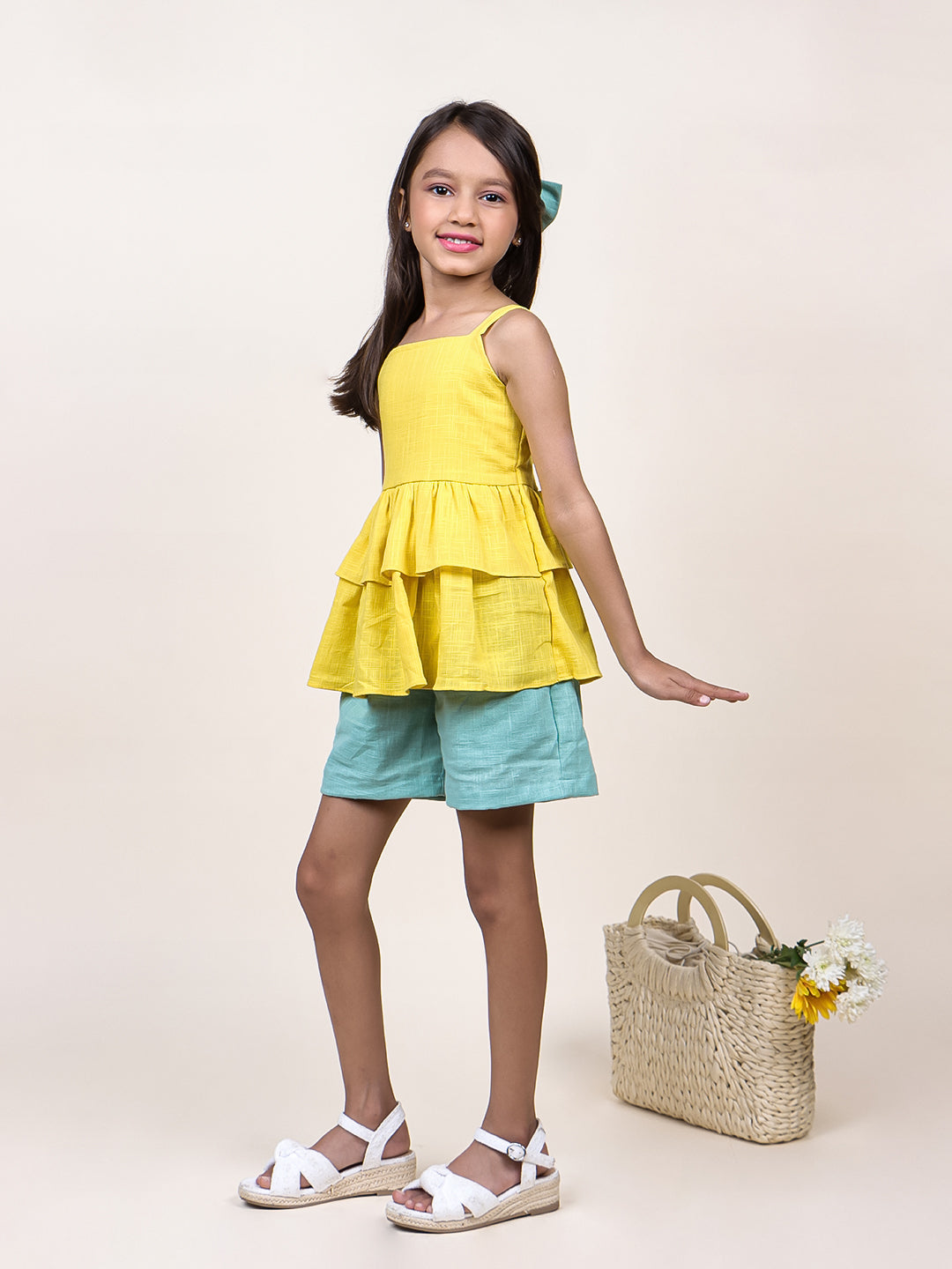 Girls Yellow Cotton Top & Shorts