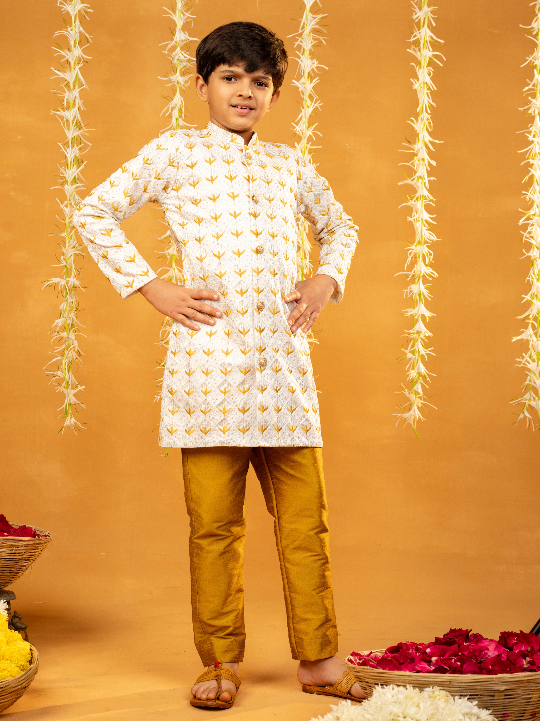 Embroidered Off-White Kurta and Mustard Coloured Pant (Set of 2)
