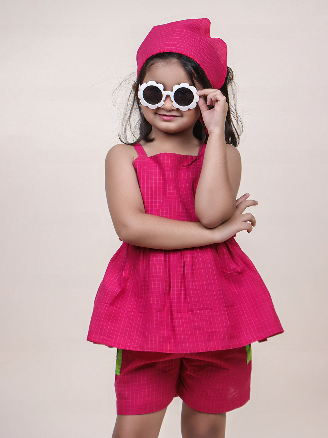 Girls Pink Checks Cotton Top & Shorts