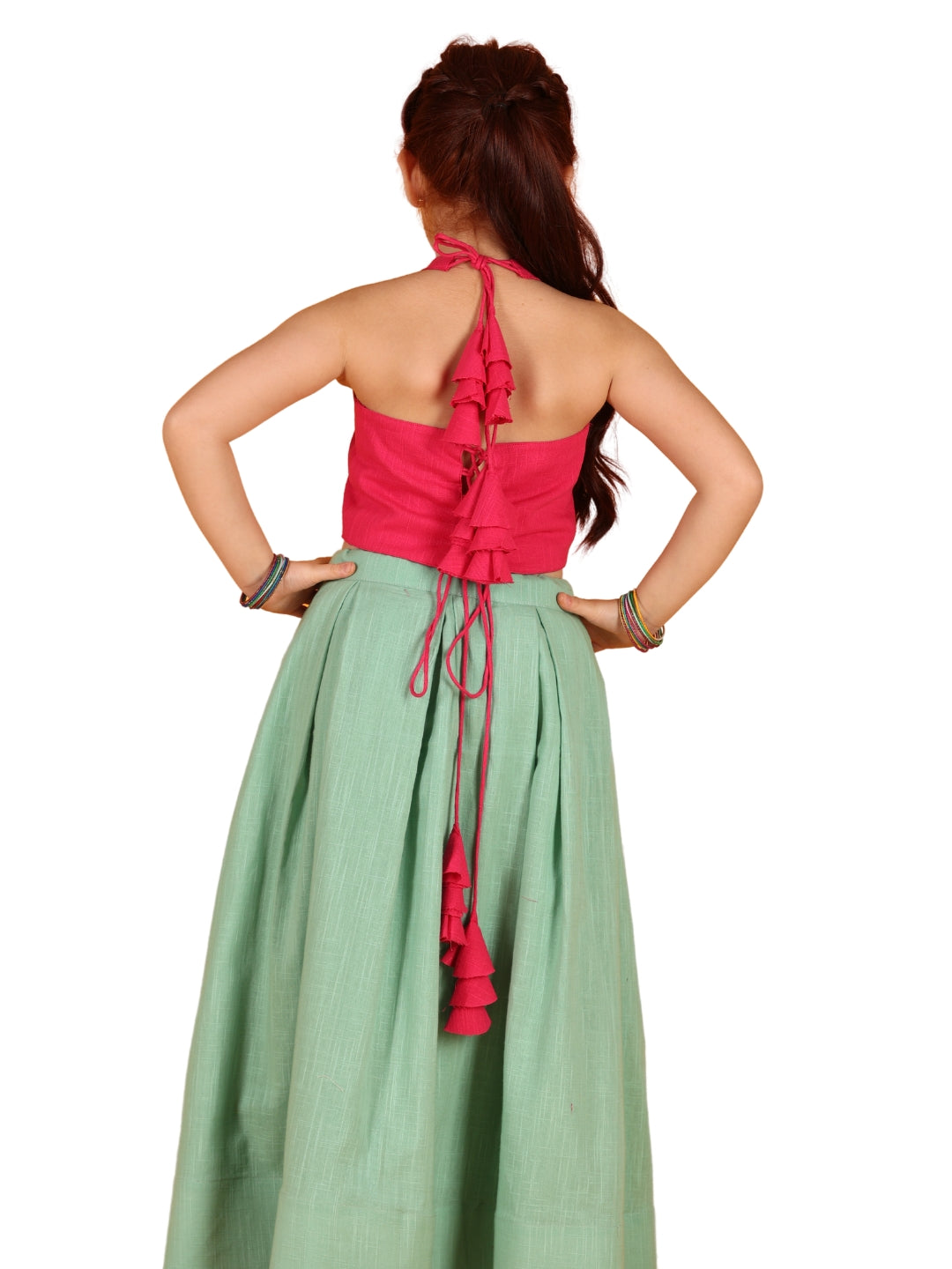 Jilmil Girls Bird embroiedred Pink cotton blouse with lehenga (set of 2)