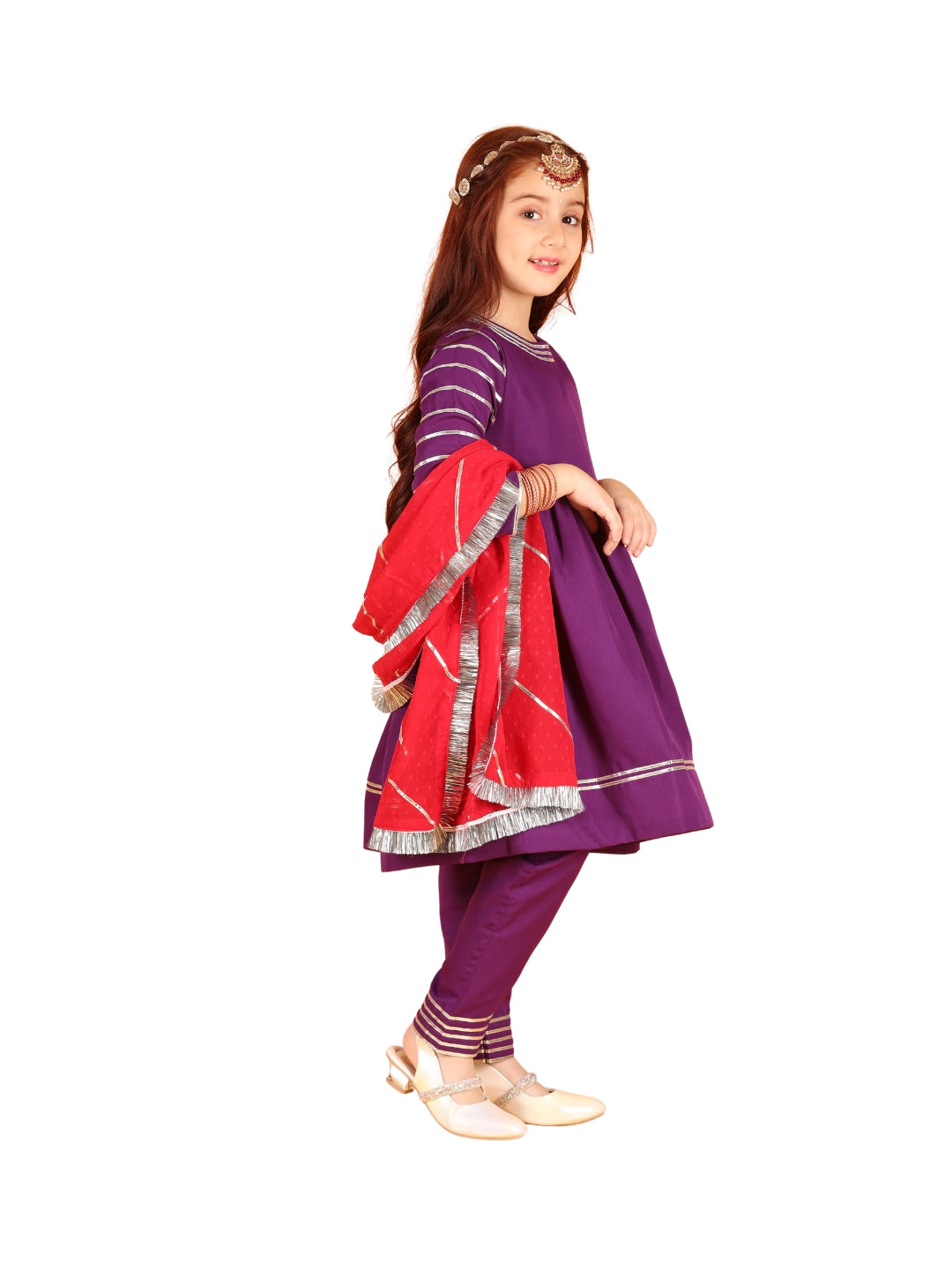 Jilmil Girls Violet Dress with pant & Dupatta (set of 3)