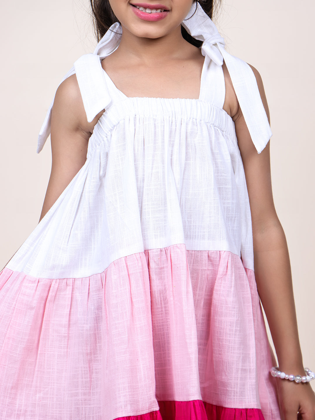 Girls Pink Colorblocked Layered Cotton Dress