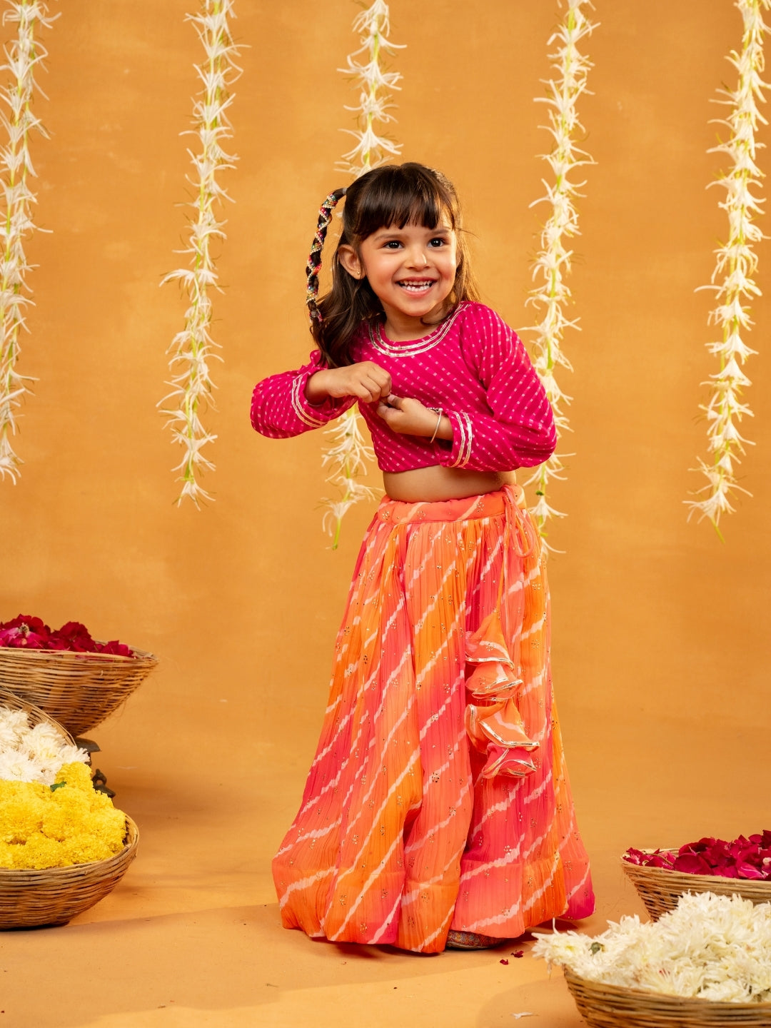 Pink Laheriya Printed Georgette Top with Georgette Crushed Multicoloured Lehenga (Set of 2)