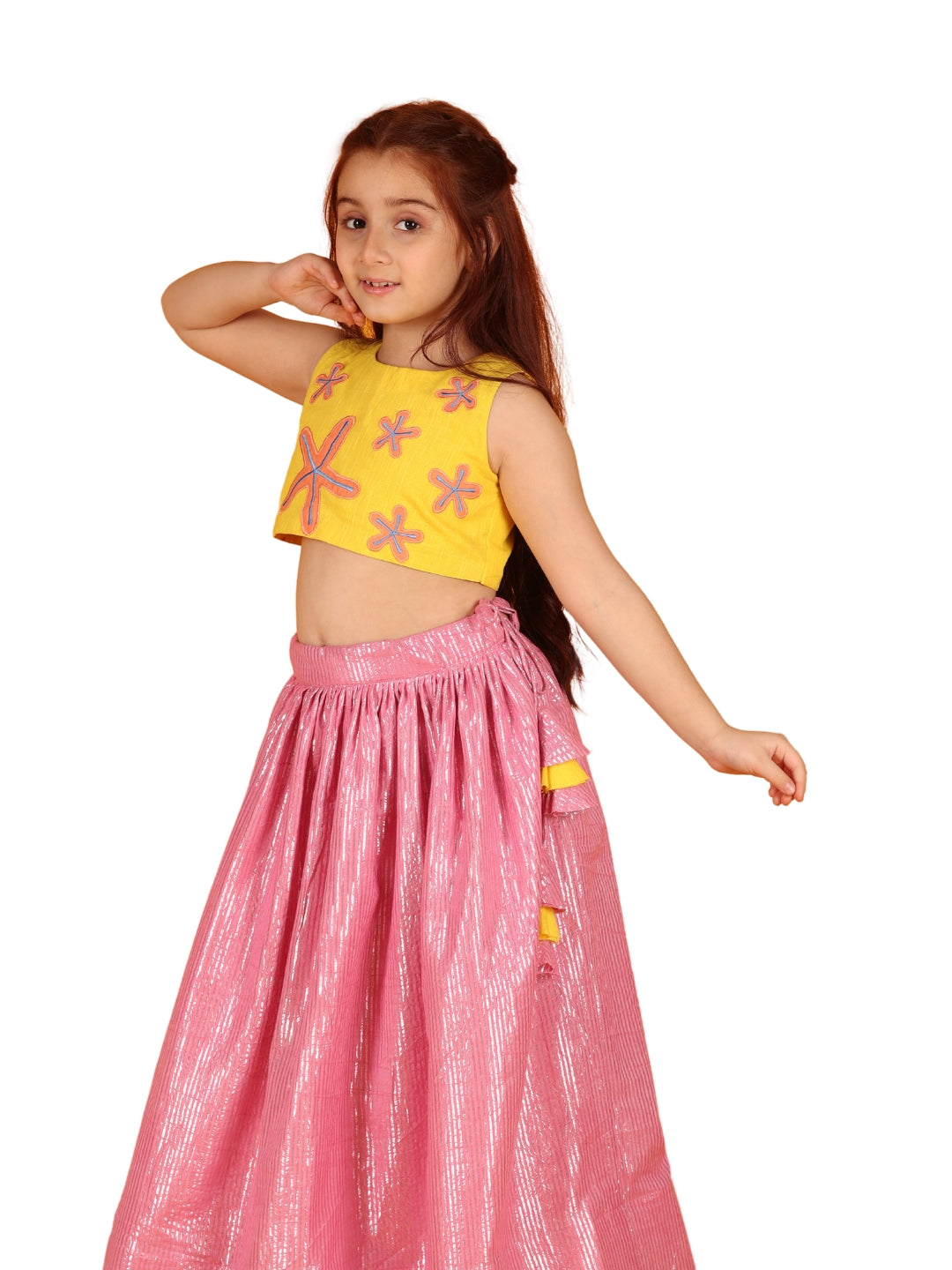 Jilmil Girls Yellow Stars Embroidered cotton crop top with Pink lehenga (set of 2)