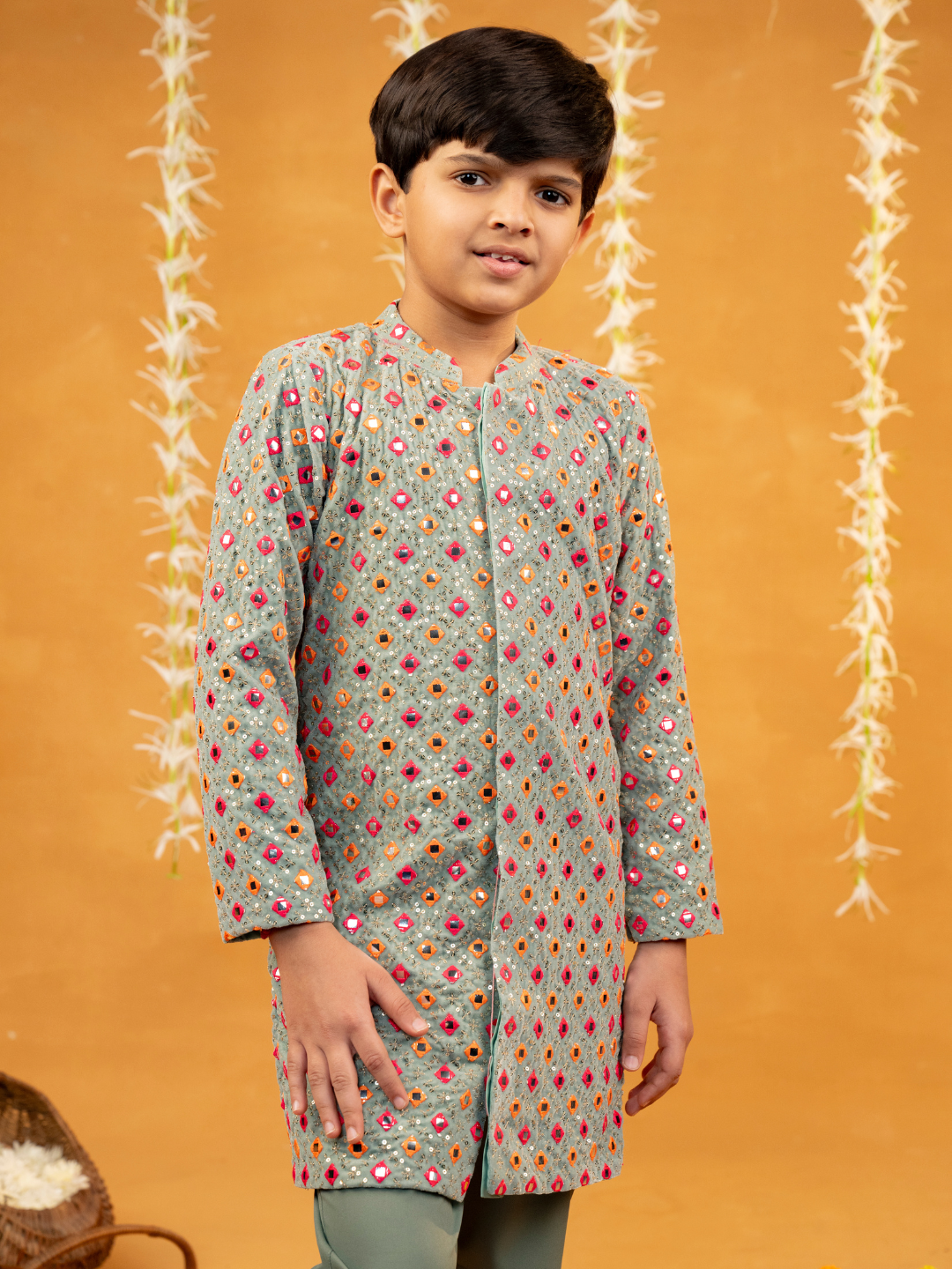 Pista Green Mirror Embroidered Kurta and Pant (Set of 2)