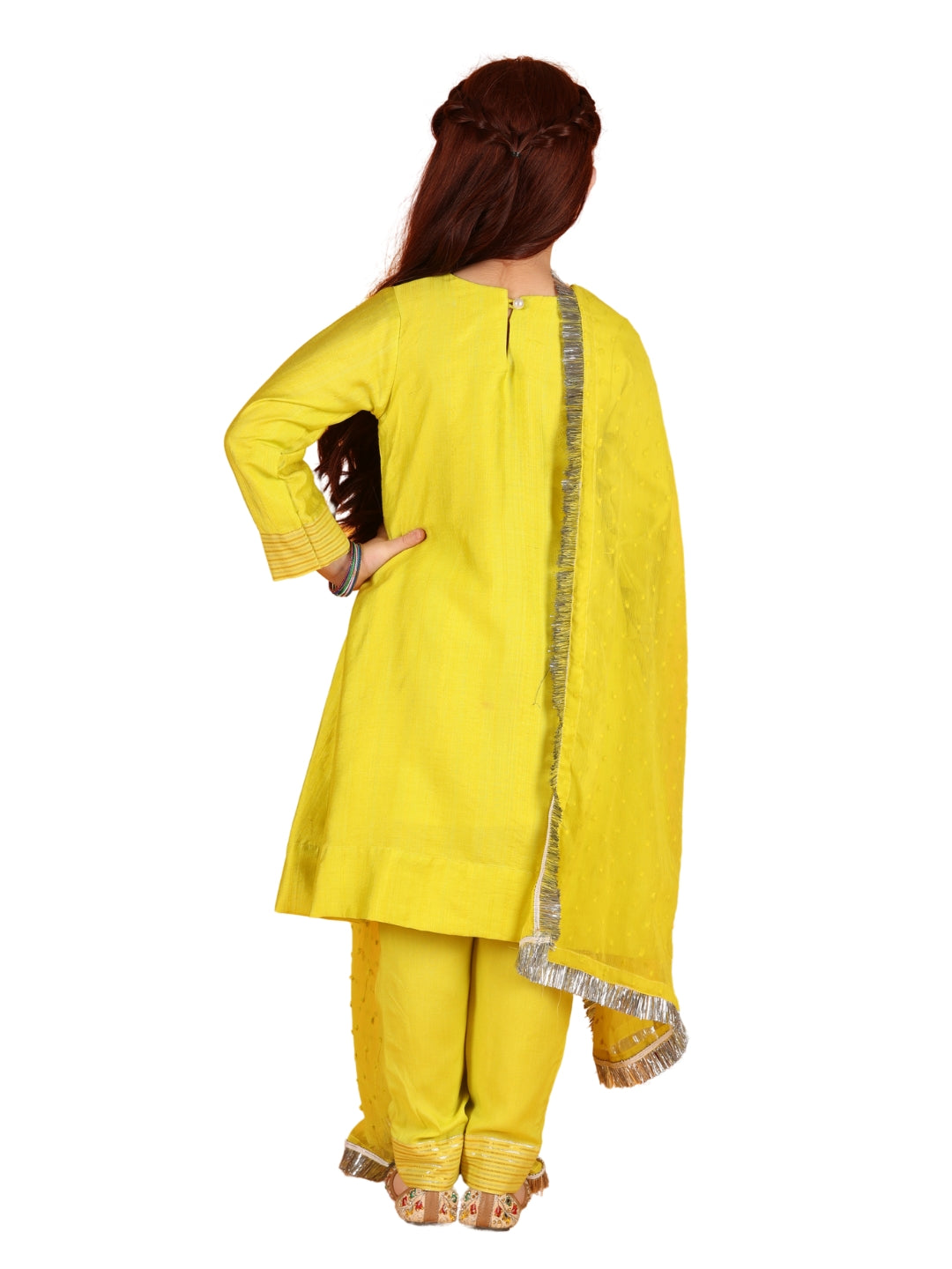 Jilmil Girls Anarkali Neon Yellow Silk Dress with Pant & Dupatta (set of 3)