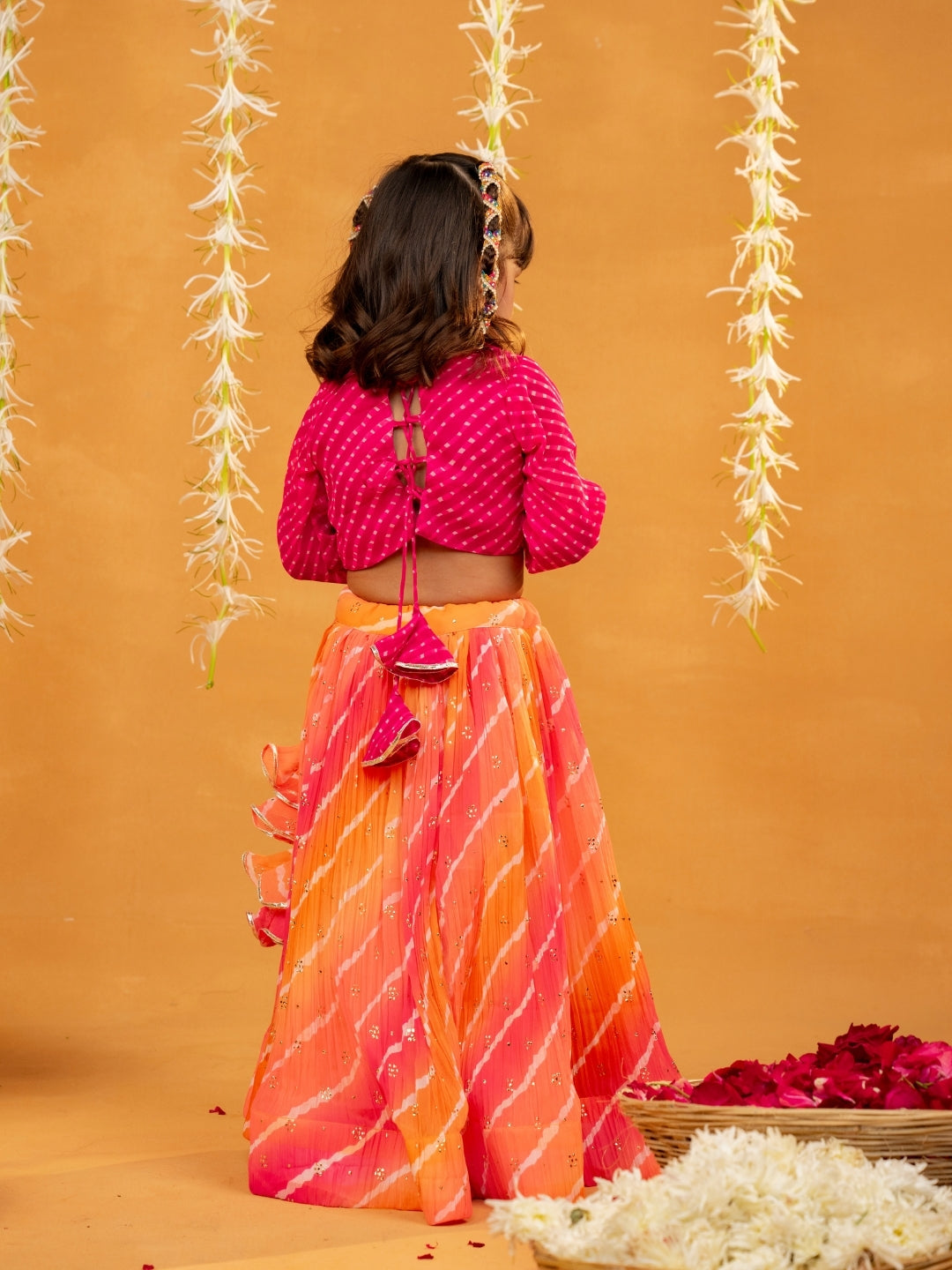 Pink Laheriya Printed Georgette Top with Georgette Crushed Multicoloured Lehenga (Set of 2)