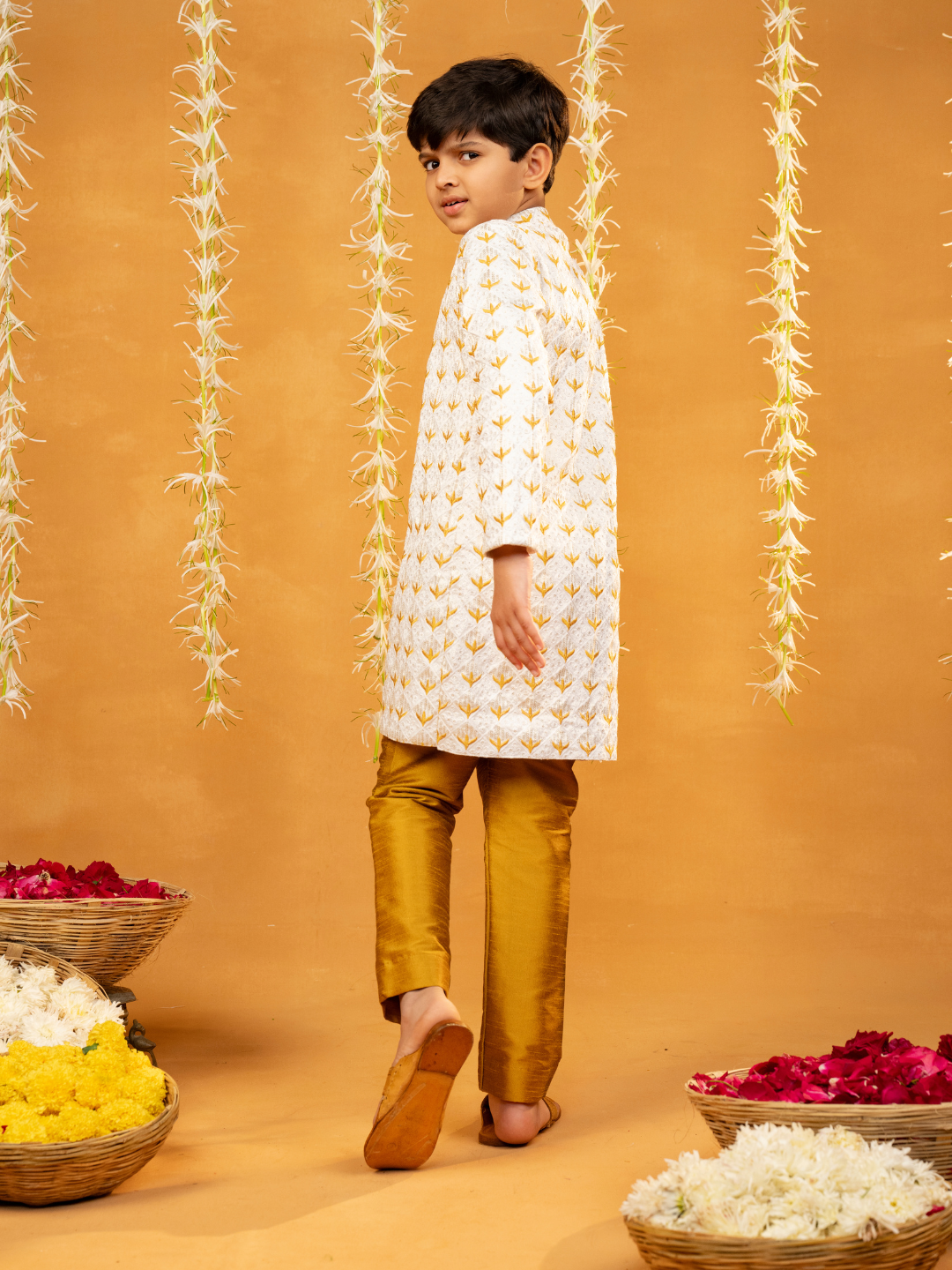 Embroidered Off-White Kurta and Mustard Coloured Pant (Set of 2)