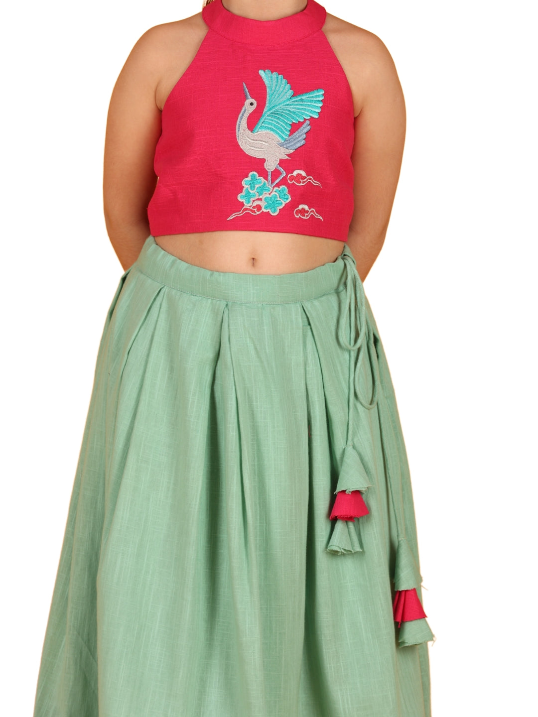 Jilmil Girls Bird embroiedred Pink cotton blouse with lehenga (set of 2)