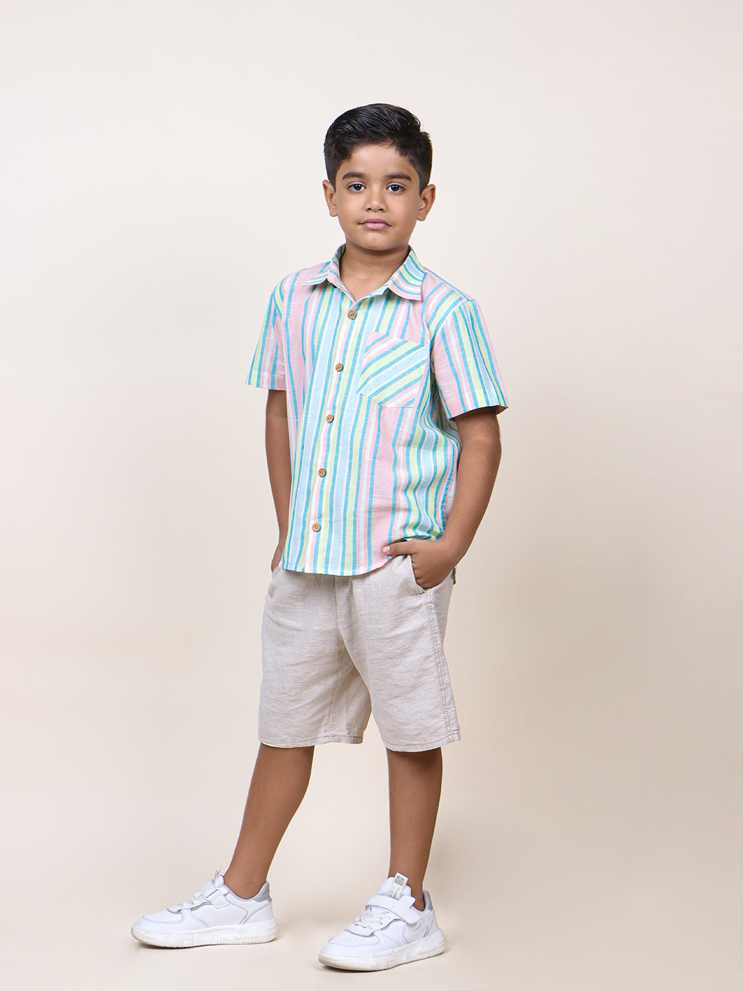 Boys Blue Stripes Half Sleeve Cotton Shirt