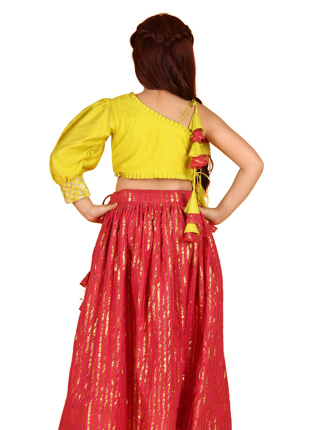 Jilmil Girls Gota Work Neon Yellow Top And Elegant Tassels Embellished Flared Lehenga (set of 2)