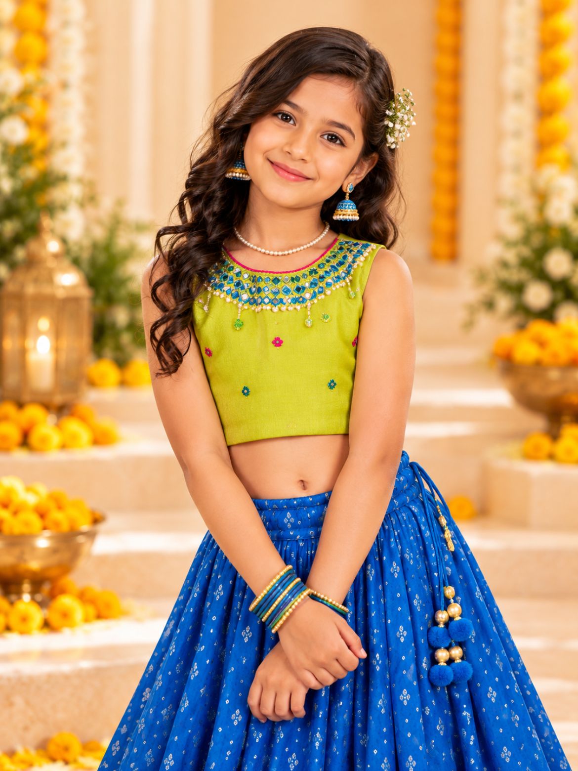 Girls Royal Blue Lehenga with Lime Green Blouse (Set of 2)