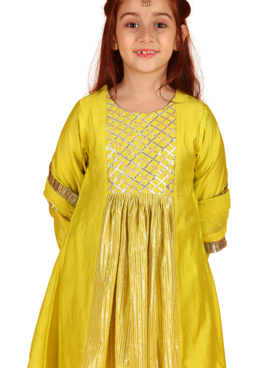 Jilmil Girls Anarkali Neon Yellow Silk Dress with Pant & Dupatta (set of 3)