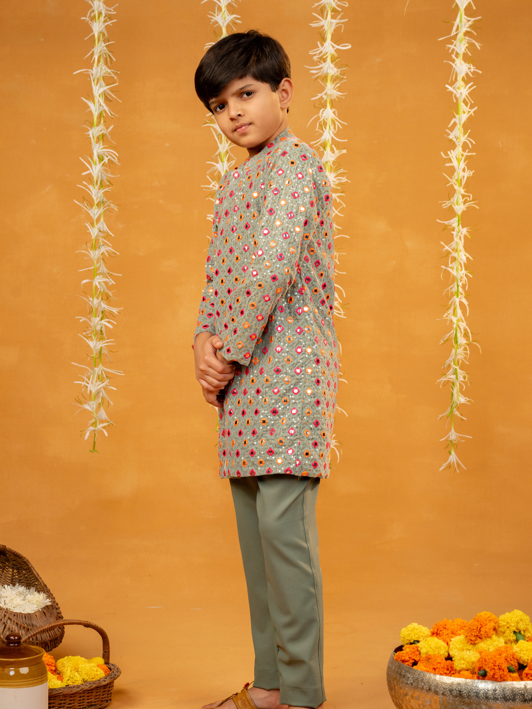 Pista Green Mirror Embroidered Kurta and Pant (Set of 2)