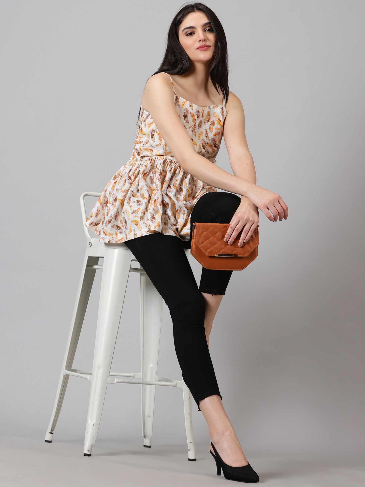 Beige Sleeveless Floral cotton Top