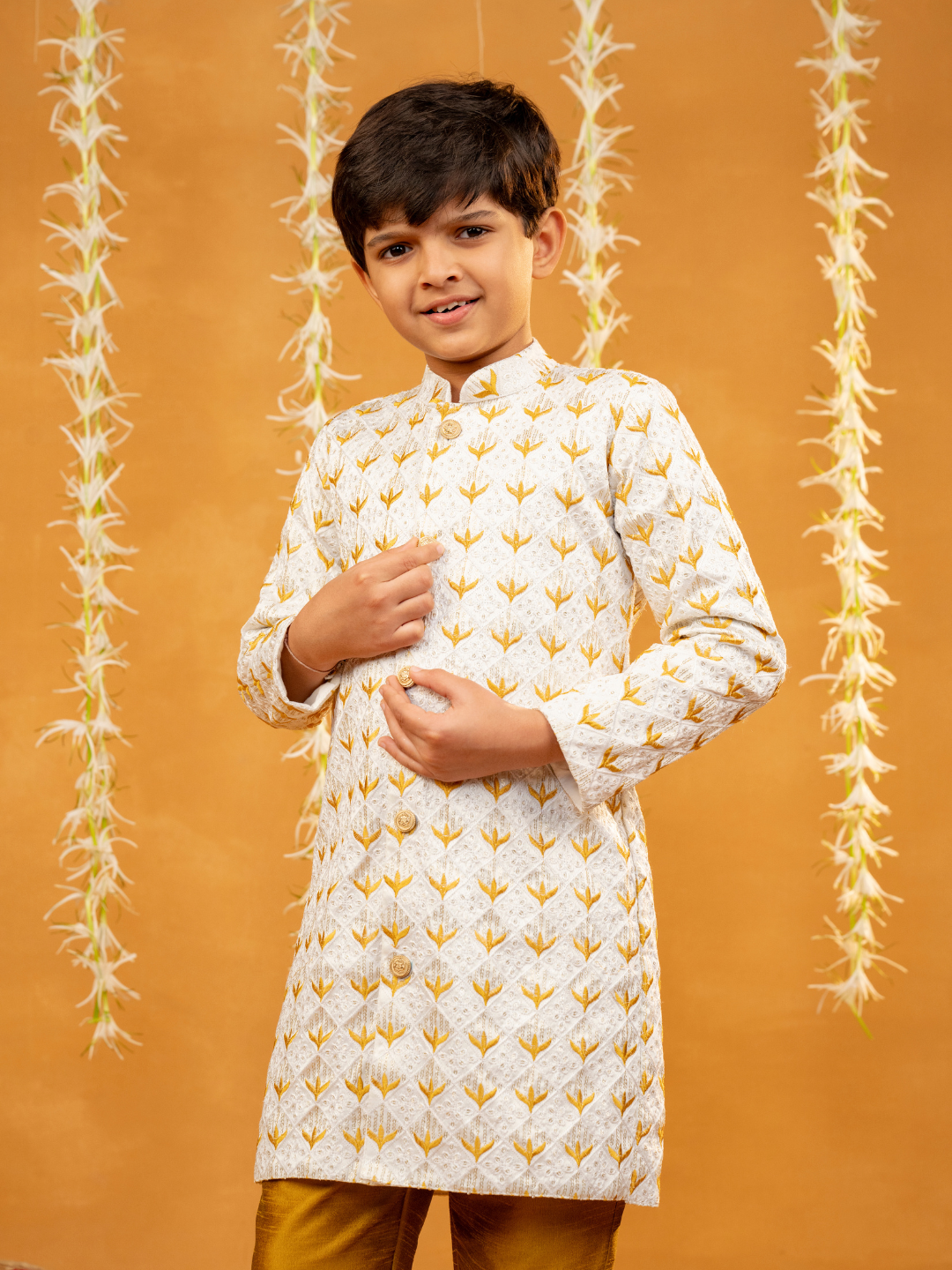 Embroidered Off-White Kurta and Mustard Coloured Pant (Set of 2)