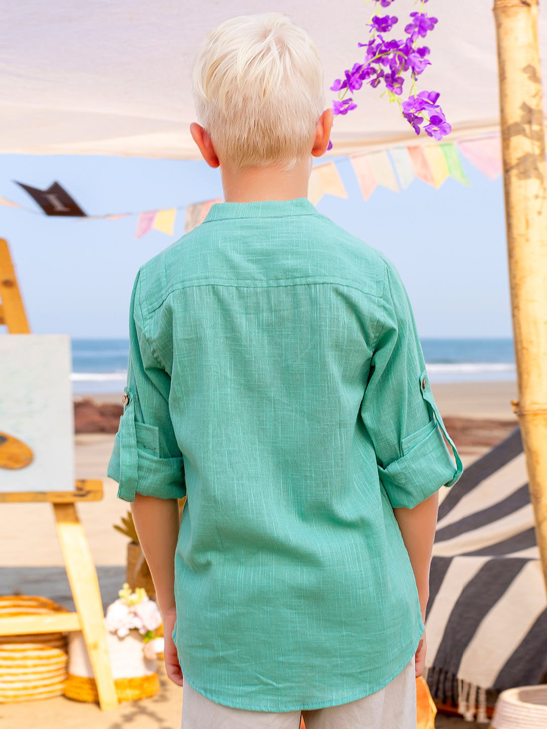 Boys Blue Colourblocked rolled up Cotton Shirt