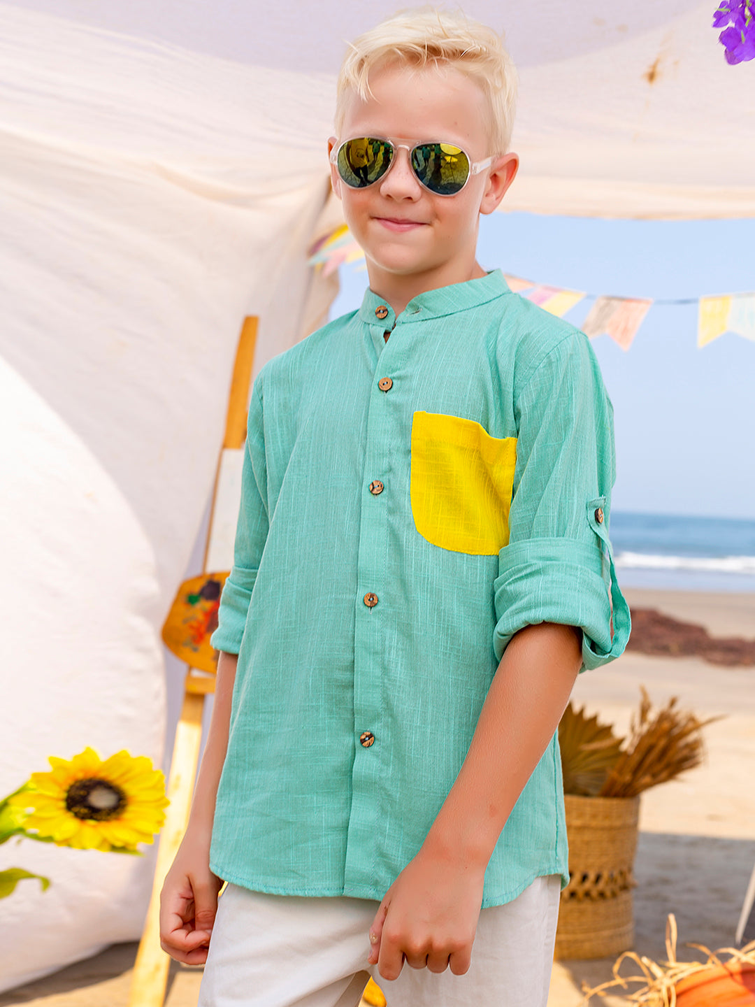 Boys Blue Colourblocked rolled up Cotton Shirt