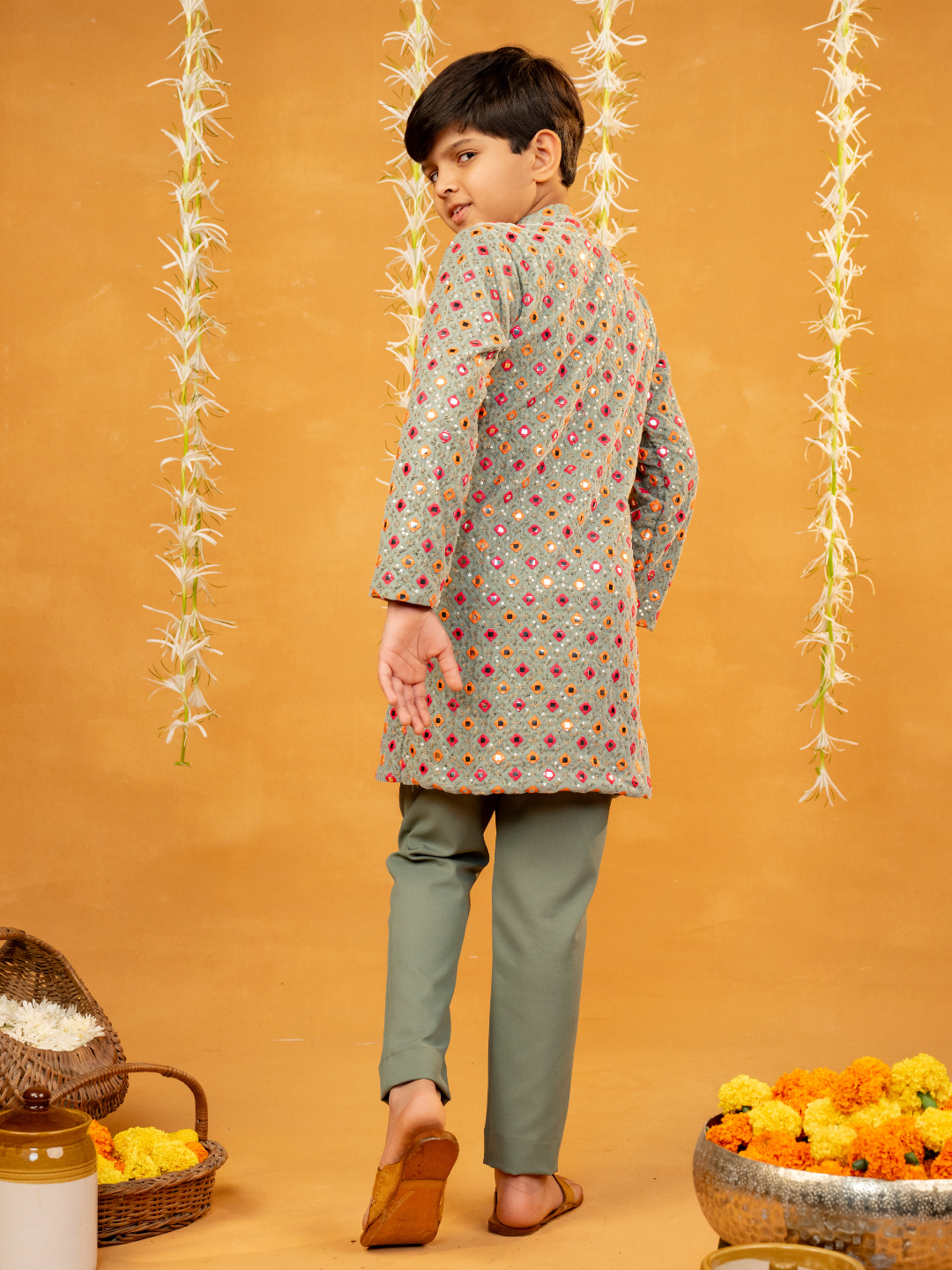 Pista Green Mirror Embroidered Kurta and Pant (Set of 2)