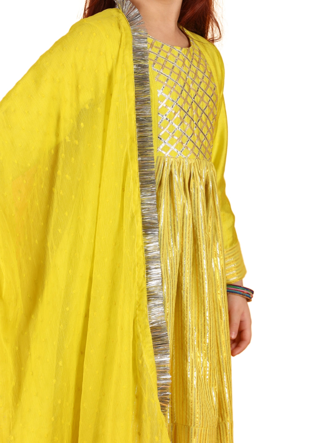Jilmil Girls Anarkali Neon Yellow Silk Dress with Pant & Dupatta (set of 3)