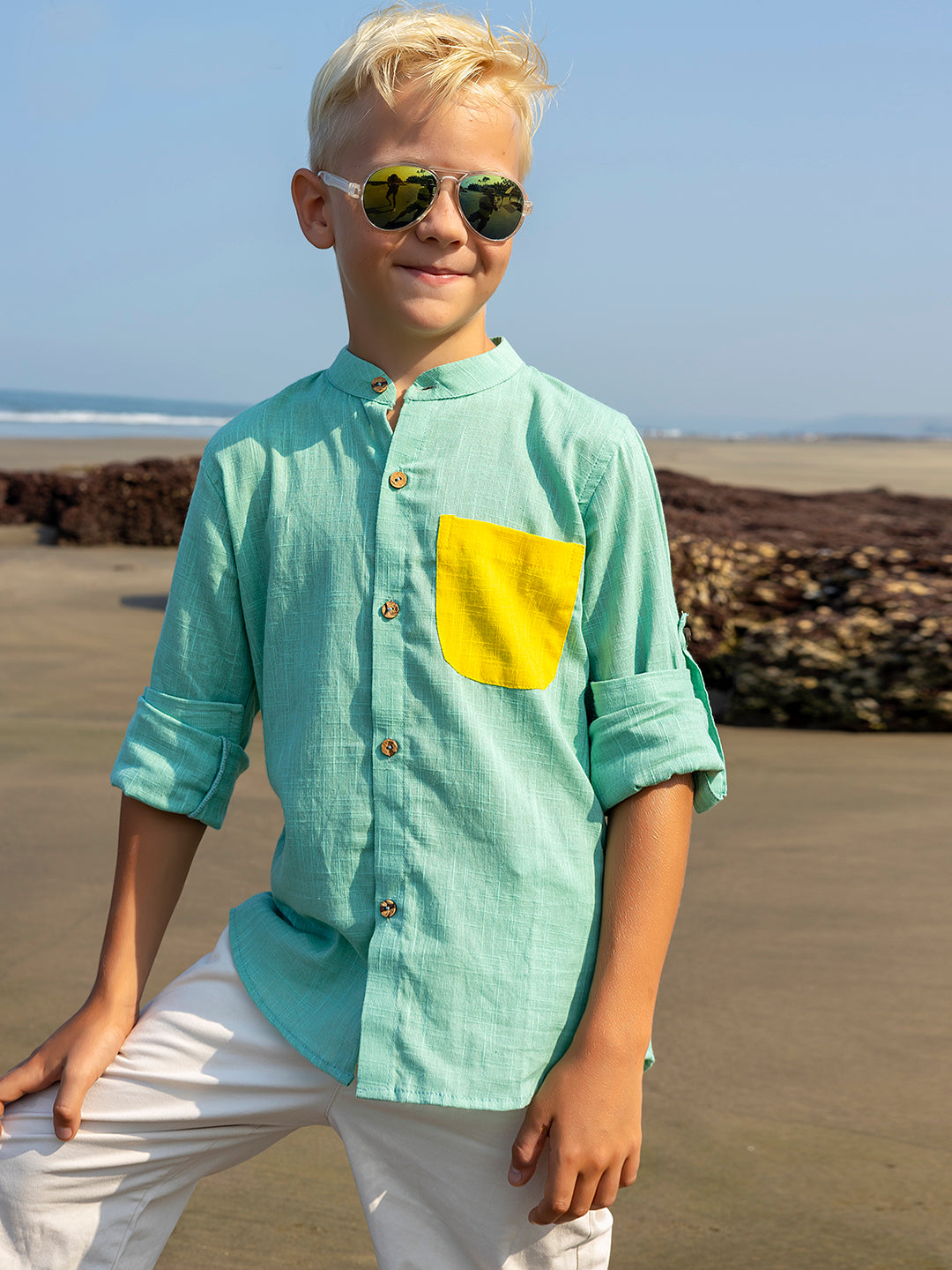 Boys Blue Colourblocked rolled up Cotton Shirt