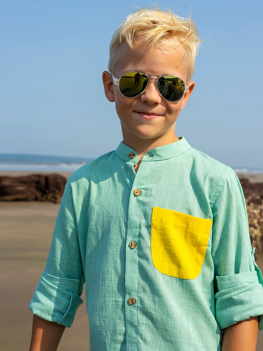 Boys Blue Colourblocked rolled up Cotton Shirt