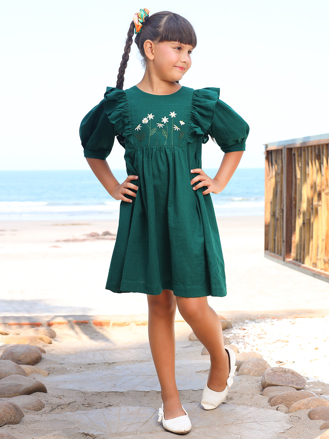 Girls Green Embroidered Cotton Dress