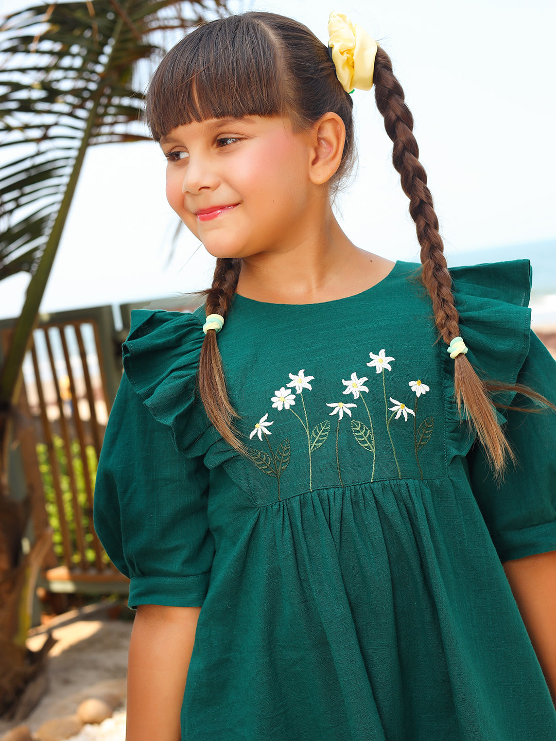 Girls Green Embroidered Cotton Dress