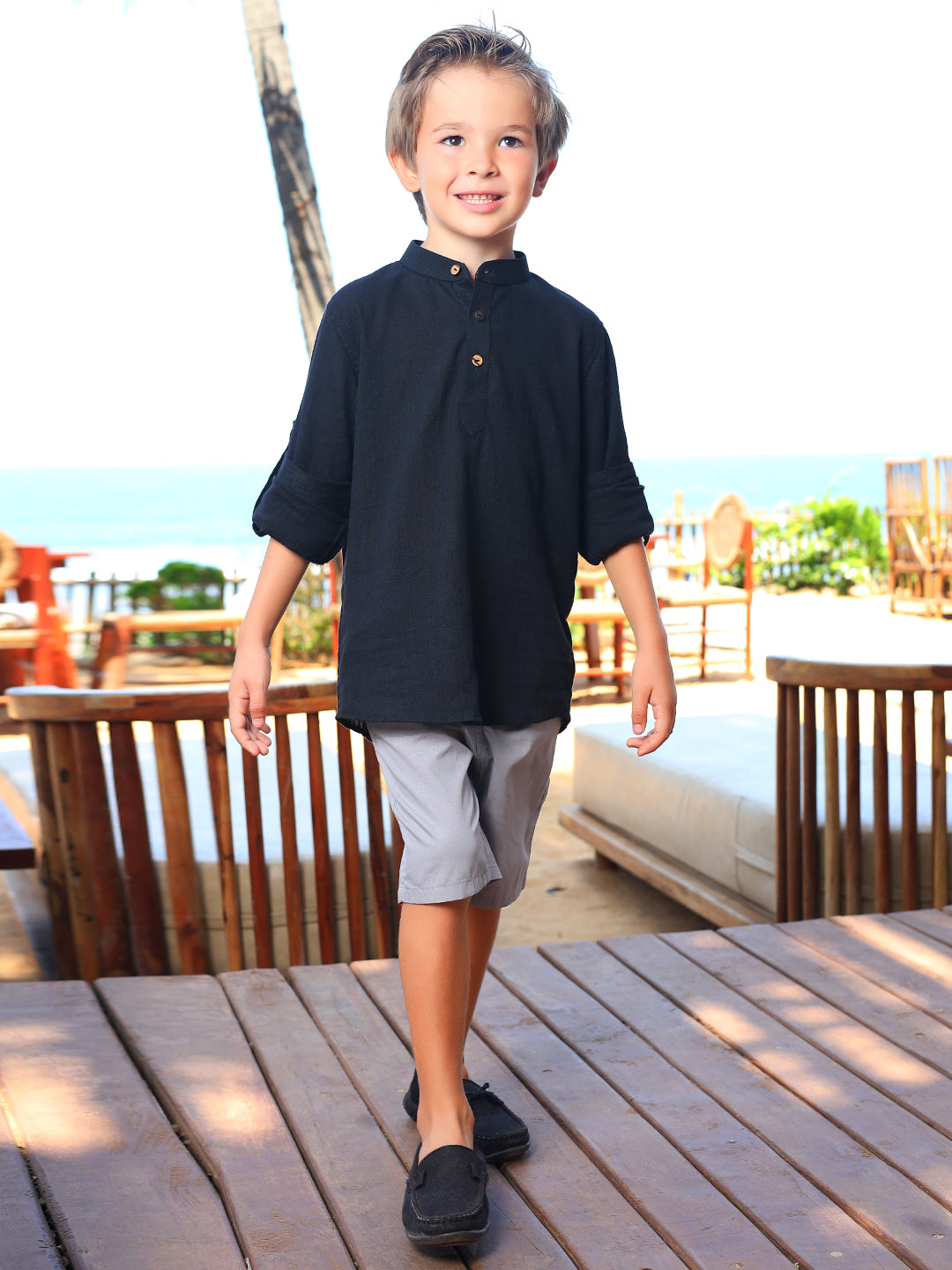Boys Black Rolled Up Cotton Shirt