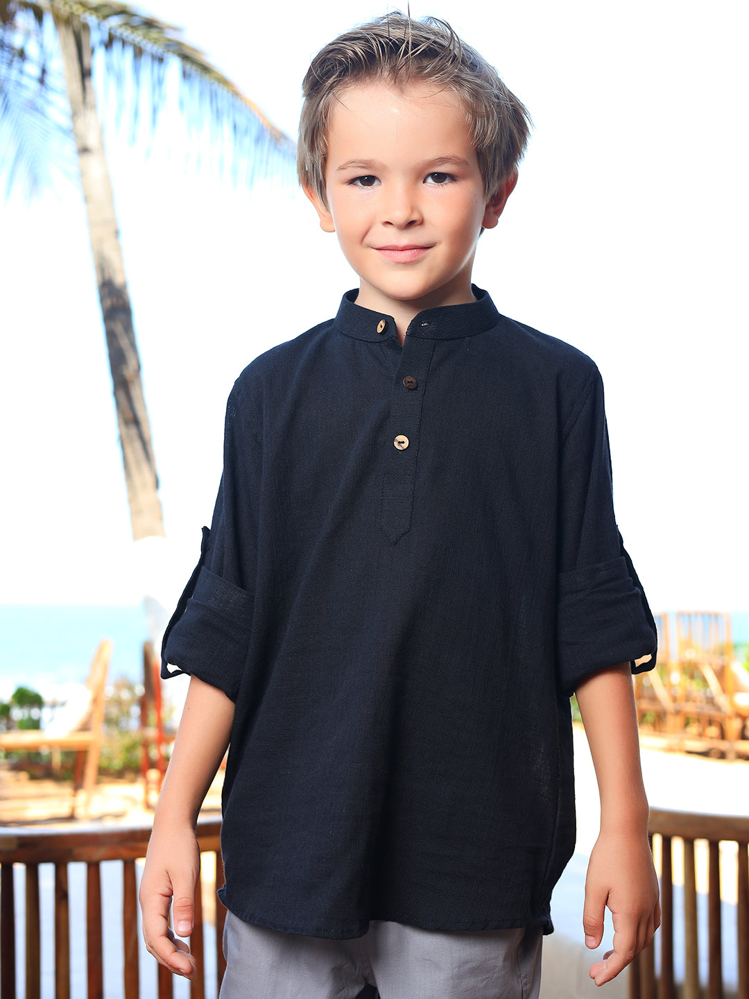 Boys Black Rolled Up Cotton Shirt