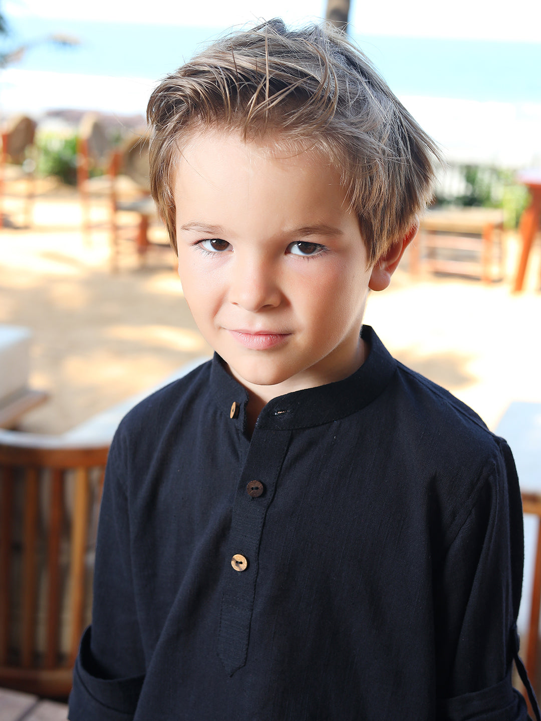 Boys Black Rolled Up Cotton Shirt