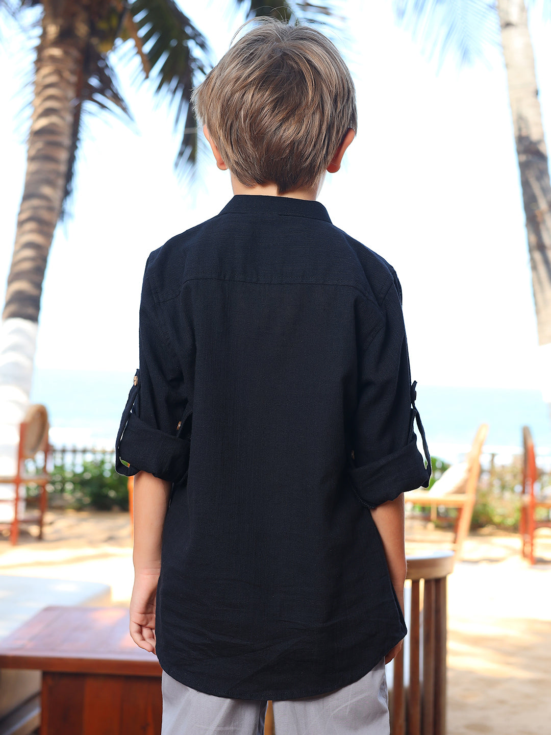 Boys Black Rolled Up Cotton Shirt
