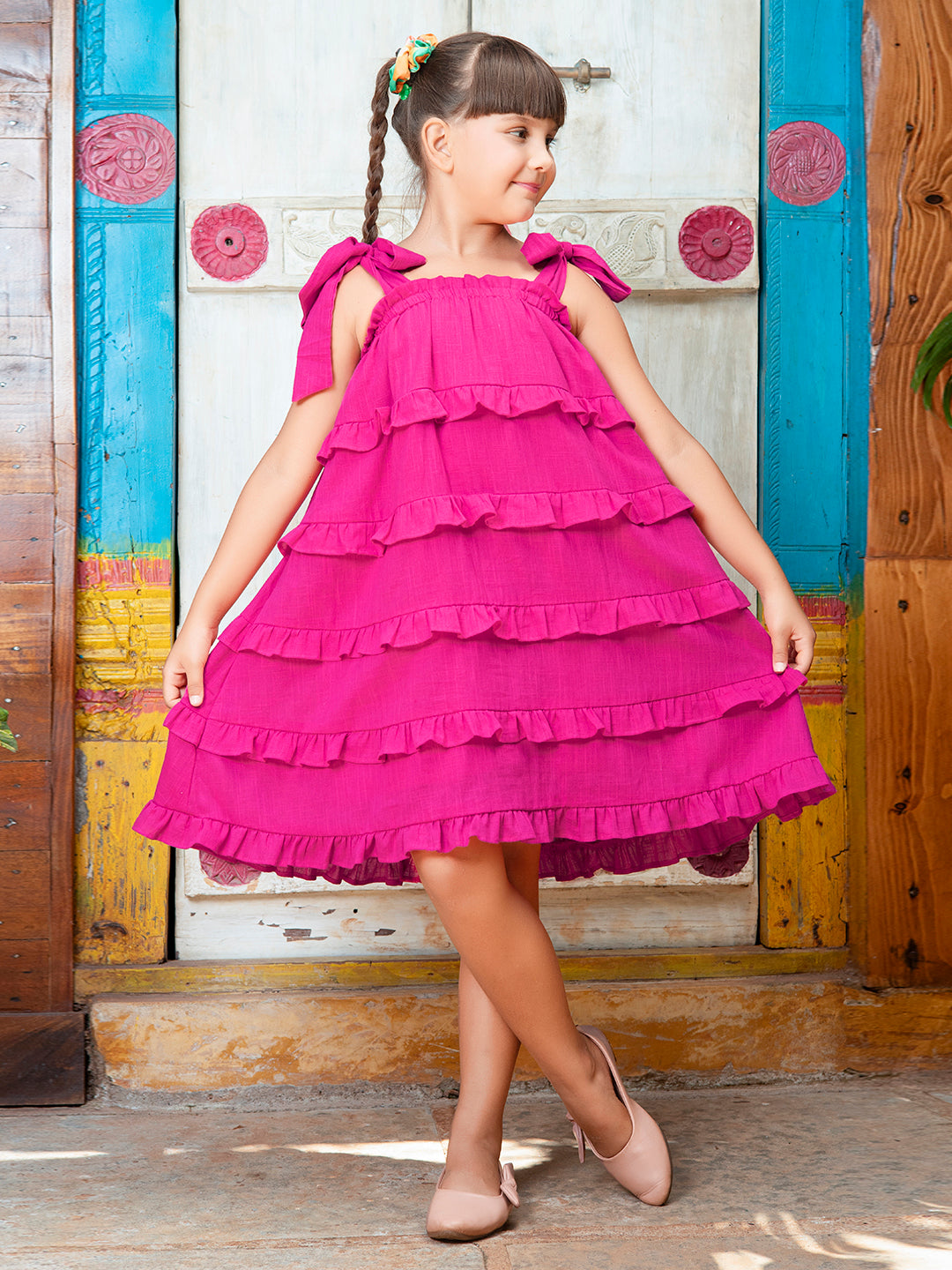 Girls Ruffled Pink Cotton Dress
