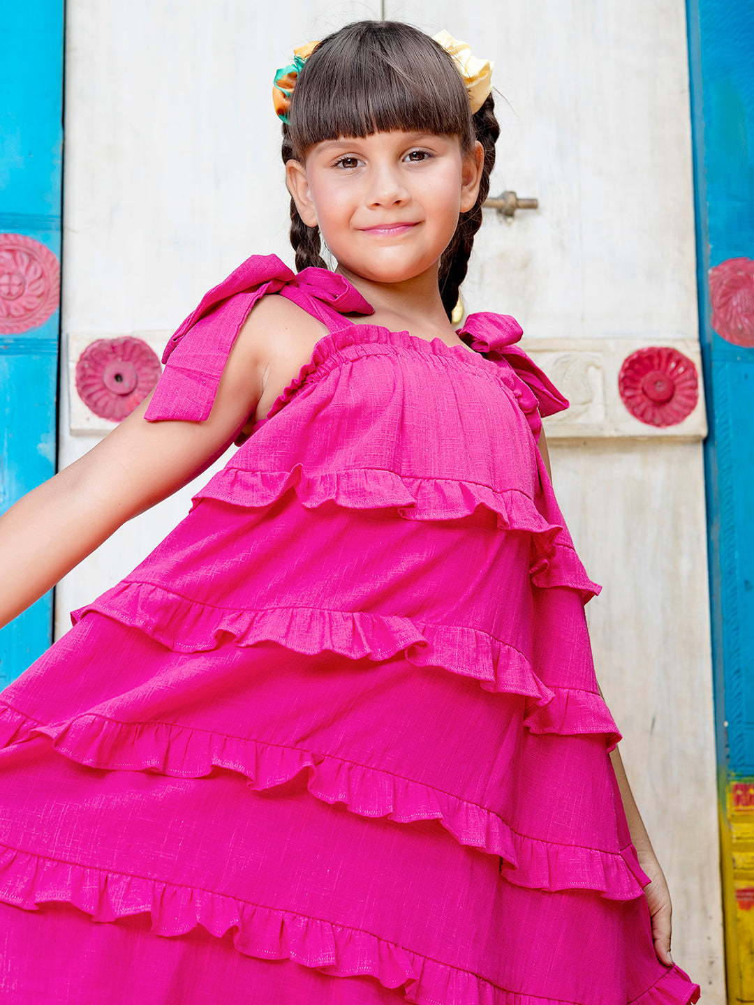 Girls Ruffled Pink Cotton Dress