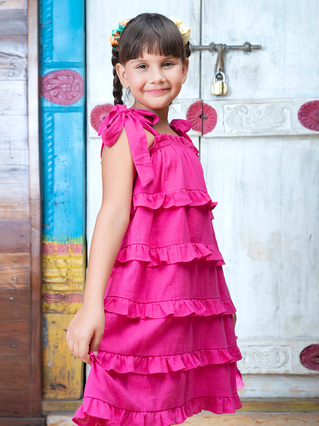 Girls Ruffled Pink Cotton Dress