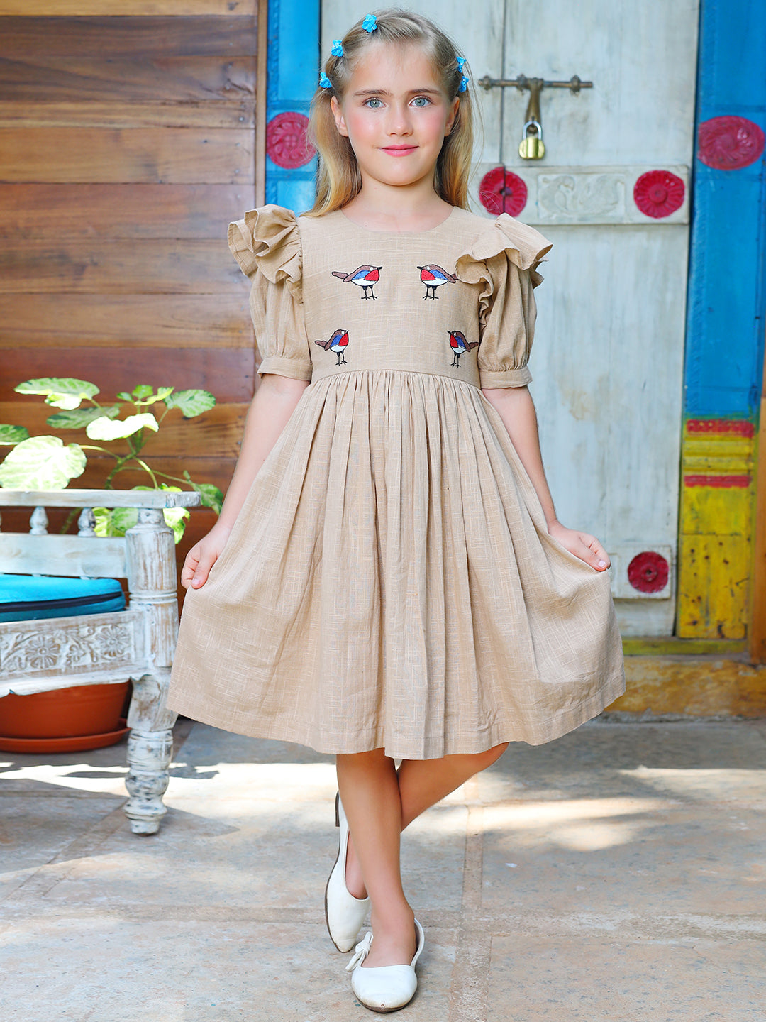 Girls Beige Bird Embroidered Cotton dress